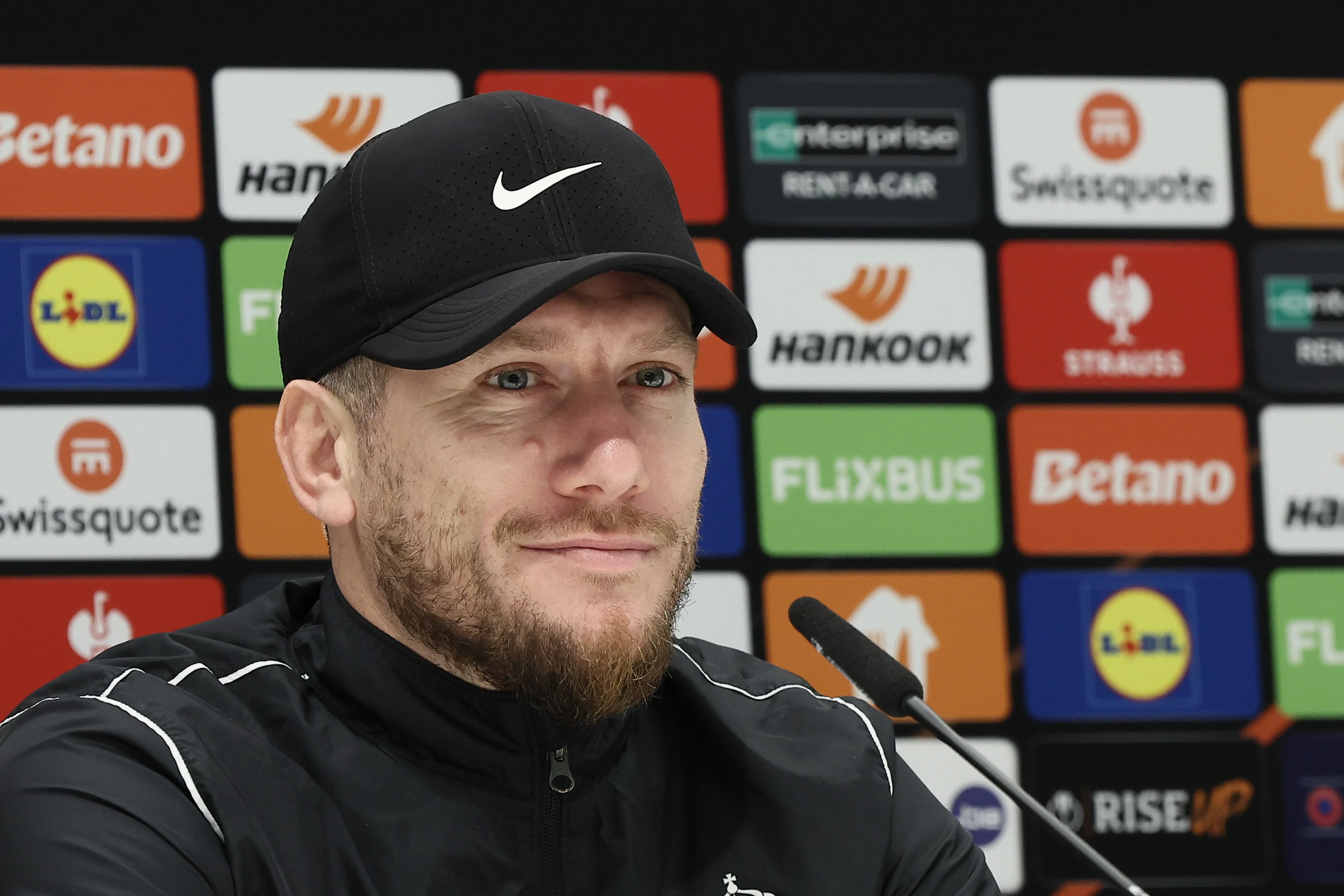 Union's head coach Sebastien Pocognoli pictured during a press conference of Belgian soccer team Royale Union Saint-Gilloise, on Wednesday 11 December 2024 in Brussels. Tomorrow Union will meet French OGC Nice on day 6/8 of the League phase of the UEFA Europa League tournament. BELGA PHOTO BRUNO FAHY