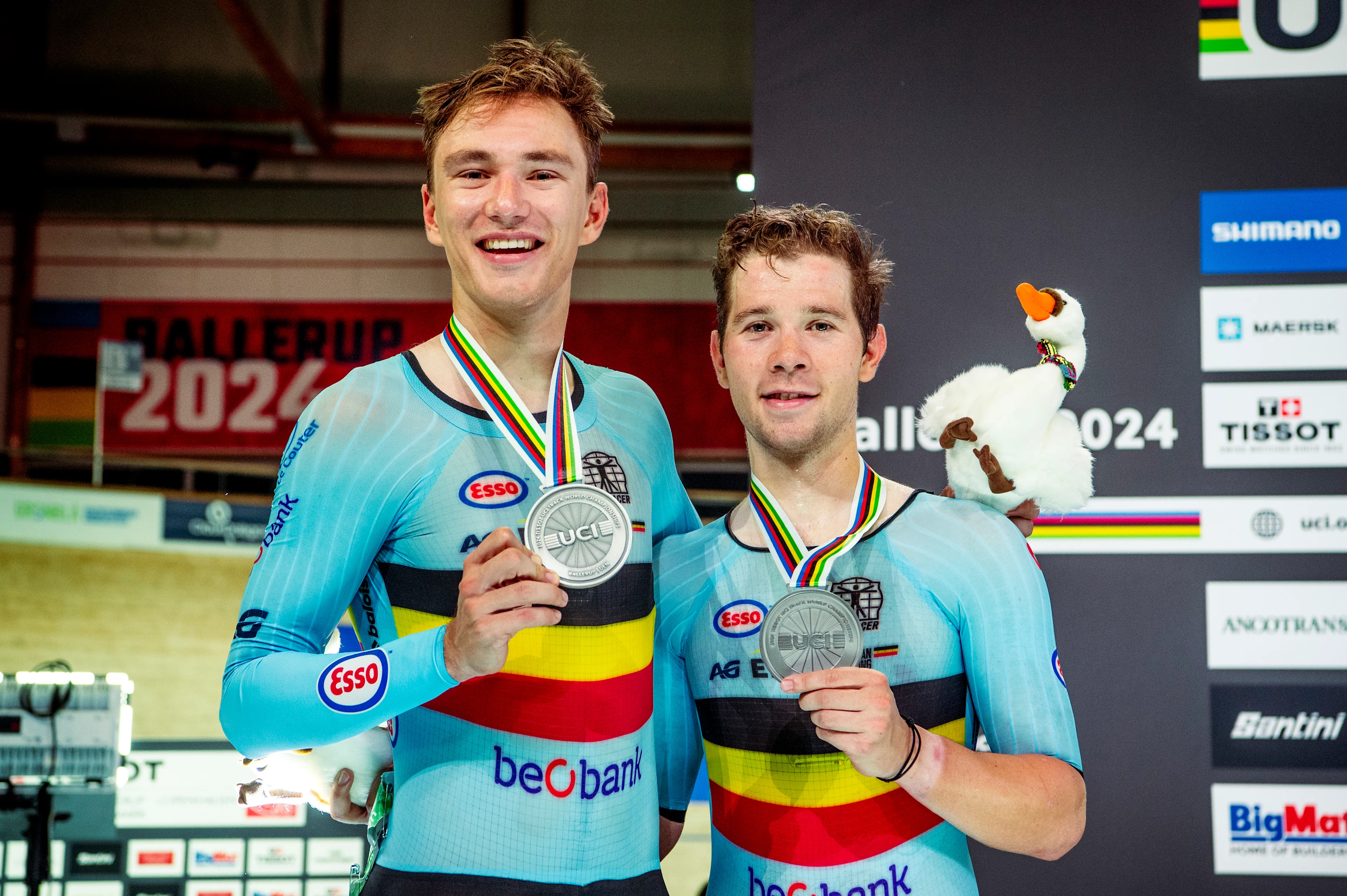 241020 Lindsay de Vylder of Belgium and Fabio van den Bossche of Belgium celebrates after Men's Madison during day 5 of the 2024 UCI Tissot Track Cycling World Championships on October 20, 2024 in Ballerup.  Photo: Christian Örnberg / BILDBYRÅN / COP 166 / CO0482 cykling cycling sykling cykel vm cykel2024 uci tissot track cycling world championships wc 2024 uci tissot track cycling world championships 5 bbeng grappa33 jubel BELGIUM ONLY