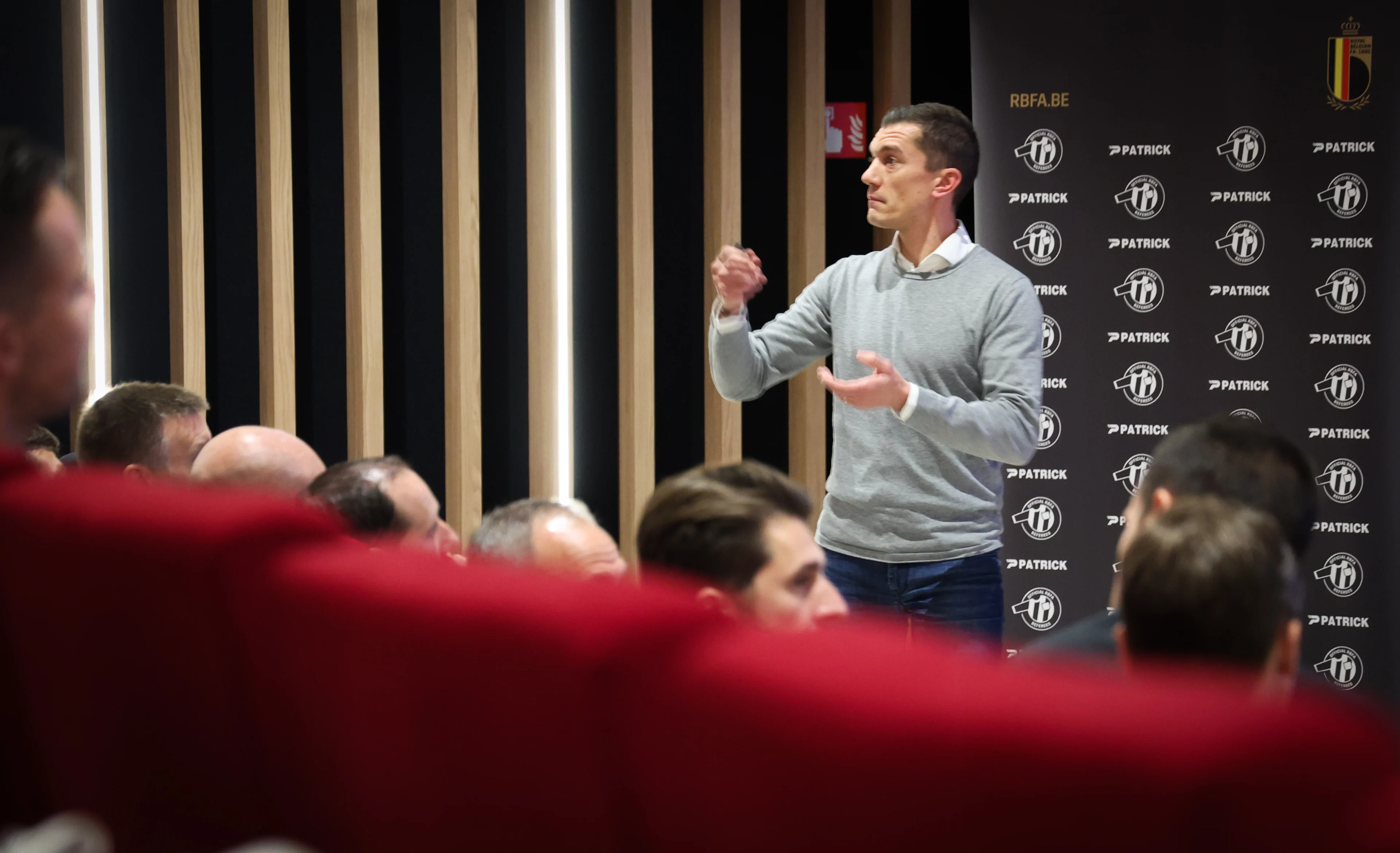 RBFA referee department director Jonathan Lardot pictured during the Pro Referee Club Day, organized by the Pro League and the Union belga de soccer (URBSFA), at Proximus Basecamp, in Tubize, Tuesday 19 November 2024. The Pro Referee Club Day is organized to provide information and clarification on the correct application of the rules of the game, how referees work and the designation procedure for matches. The clubs and referees of the Jupiler Pro League are present on this occasion to work together for a better understanding within professional soccer. BELGA PHOTO VIRGINIE LEFOUR