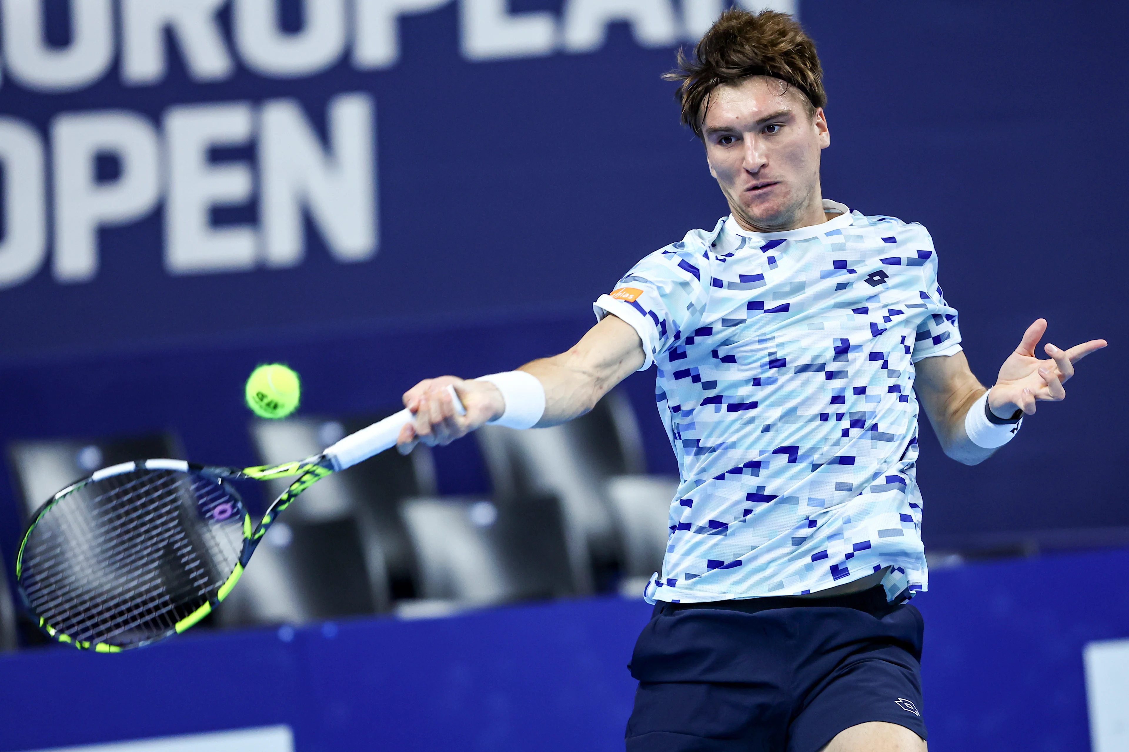 Belgian Raphael Collignon pictured in action during a tennis match in the round of 32 of the singles competition at the ATP European Open Tennis tournament in Antwerp, Monday 14 October 2024. BELGA PHOTO DAVID PINTENS