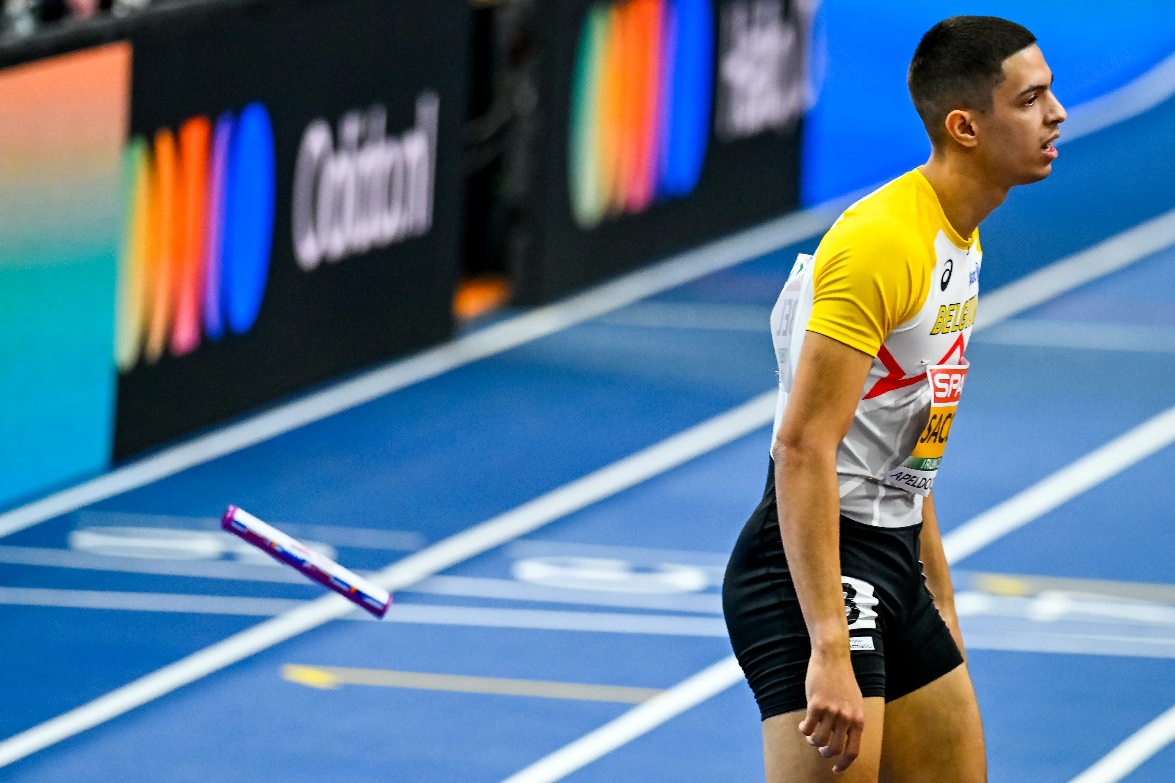 Belgian Jonathan Sacoor pictured after the European Athletics Indoor Championships, in Apeldoorn, The Netherlands, Sunday 09 March 2025. The championships take place from 6 to 9 March. BELGA PHOTO ERIC LALMAND