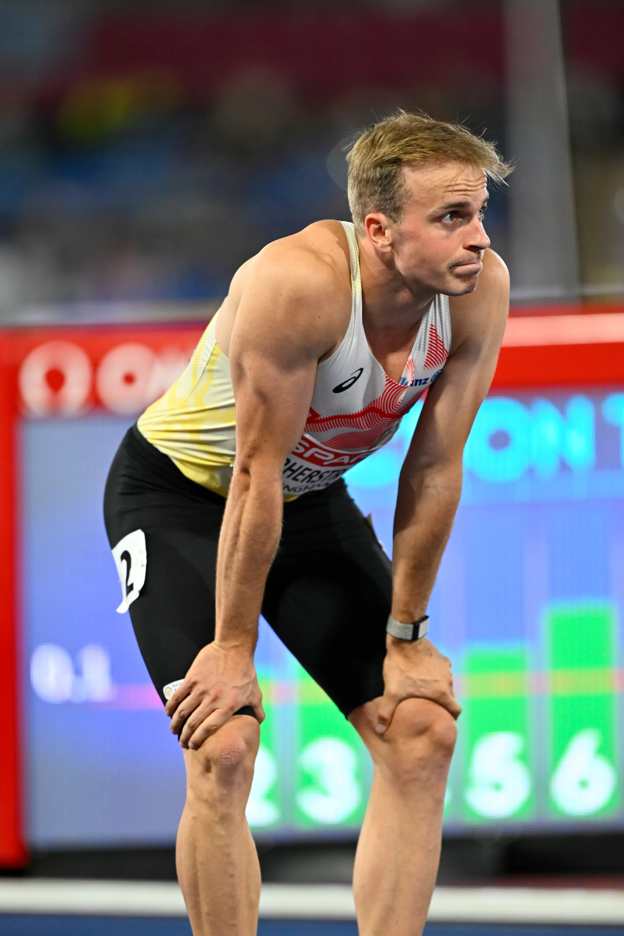Belgian athlete Simon Verherstraeten after finishing 8th with an injury in the men's final of the 100m event on the second day of the European Athletics Championships (August 10-18) in Birmingham, United Kingdom, on Tuesday 11 August 2026. BELGA PHOTO ERIC LALMAND