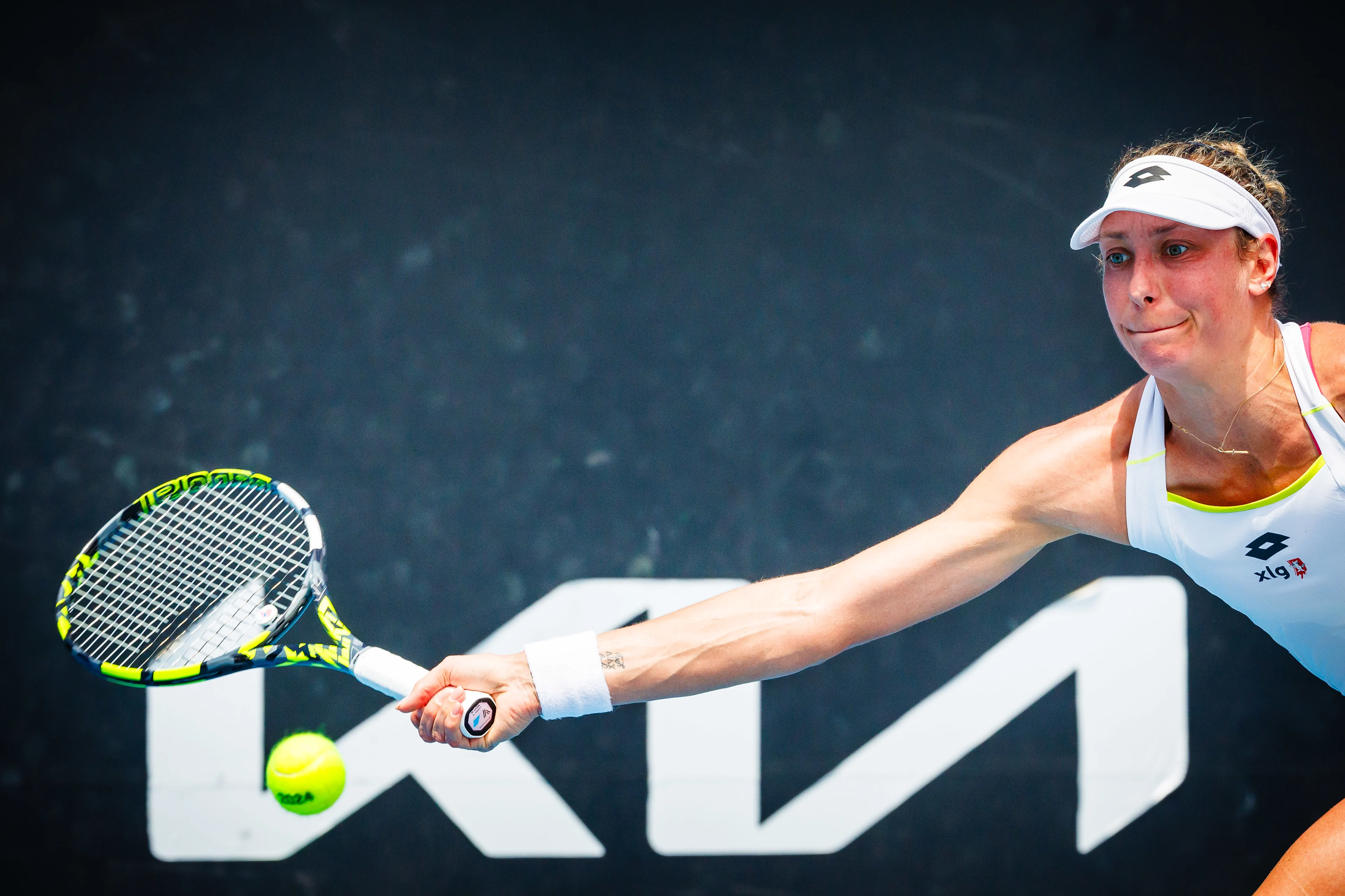 Belgian Yanina Wickmayer pictured in action during a tennis match against French Gracheva, in round 1 of the women's singles tournament at the 'Australian Open' Grand Slam, Monday 15 January 2024 in Melbourne Park, Melbourne, Australia. The 2024 edition of the Australian Grand Slam takes place from January 14th to January 28th. BELGA PHOTO PATRICK HAMILTON