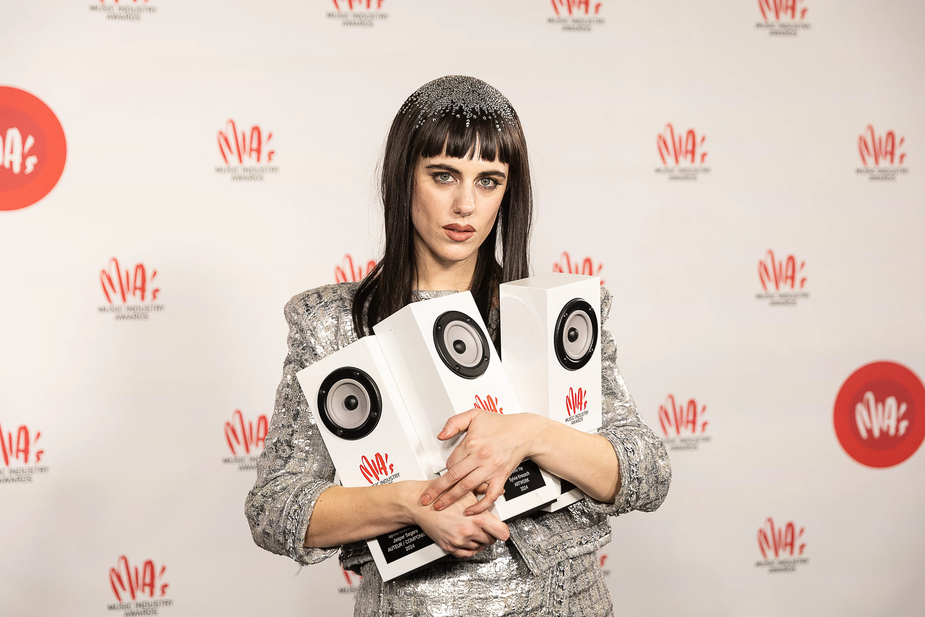 Singer Sylvie Kreusch pictured during the 17th edition of the MIA's (Music Industry Award) award show, in Merksem, Wednesday 29 January 2025. The MIA awards are handed out by the VRT and VI.BE. BELGA PHOTO JAMES ARTHUR GEKIERE