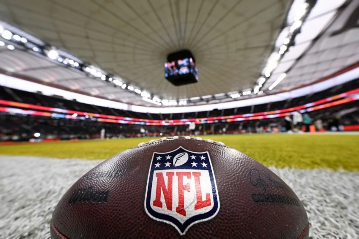 The ball is pictured prior to the NFL game between Miami Dolphins and Kansas City Chiefs at the Waldstadion in Frankfurt am Main, western Germany on November 5, 2023.  Kirill KUDRYAVTSEV / AFP