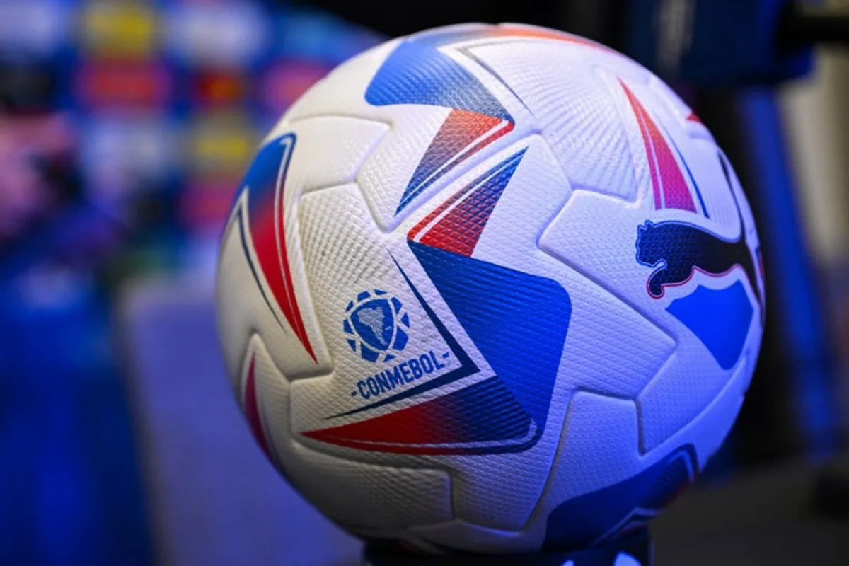 The Puma SE logo is displayed on a Conmebol football after a press conference ahead of the Conmebol 2024 Copa America tournament group D football match between Brazil and Costa Rica at SoFi Stadium in Inglewood, California on June 23, 2024.  Patrick T. Fallon / AFP
