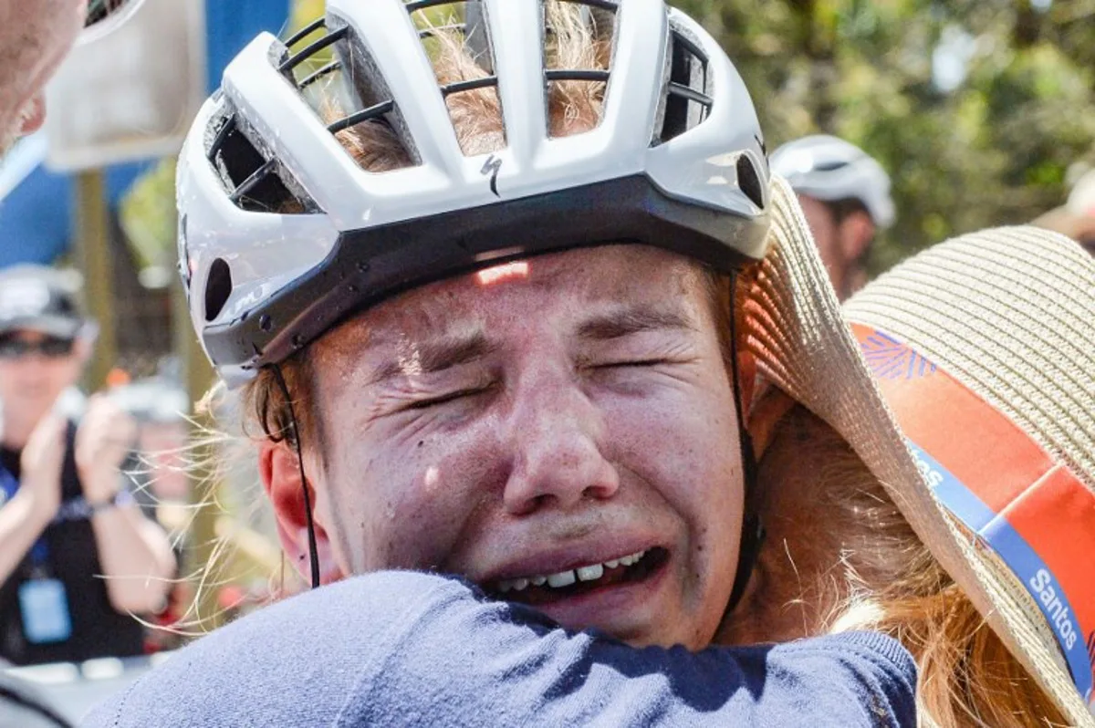 AG Insurance - Soudal rider Sarah Gigante from Australia reacts after winning the third stage of the Tour Down Under cycling race in Adelaide on January 14, 2024. Brenton EDWARDS / AFP