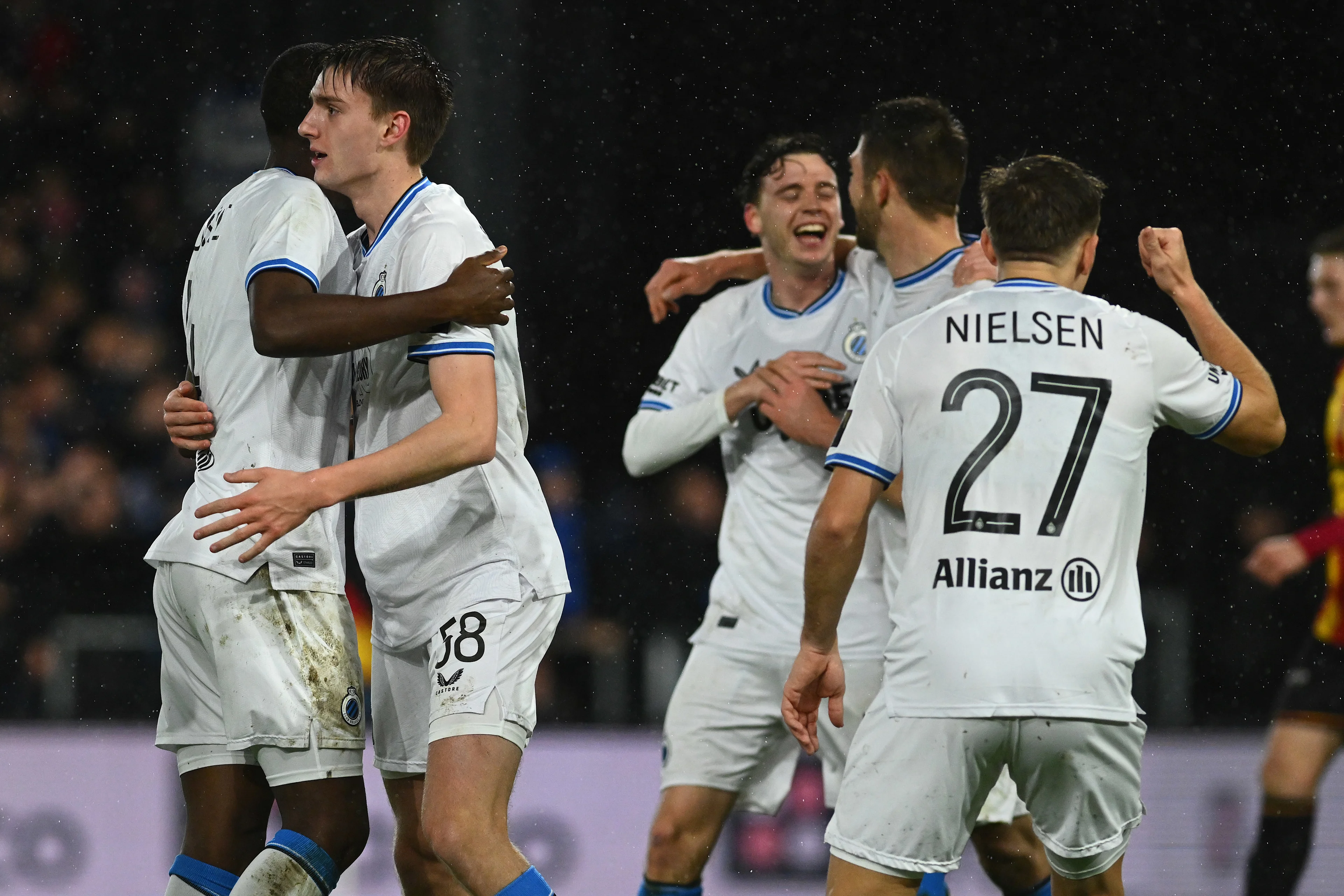 Club's Joel Ordonez celebrate after scoring during a soccer game between KV Mechelen and Club Brugge, Saturday 07 December 2024 in Mechelen, on day 17 of the 2024-2025 season of the "Jupiler Pro League" first division of the Belgian champiosnhip. BELGA PHOTO LUC CLAESSEN