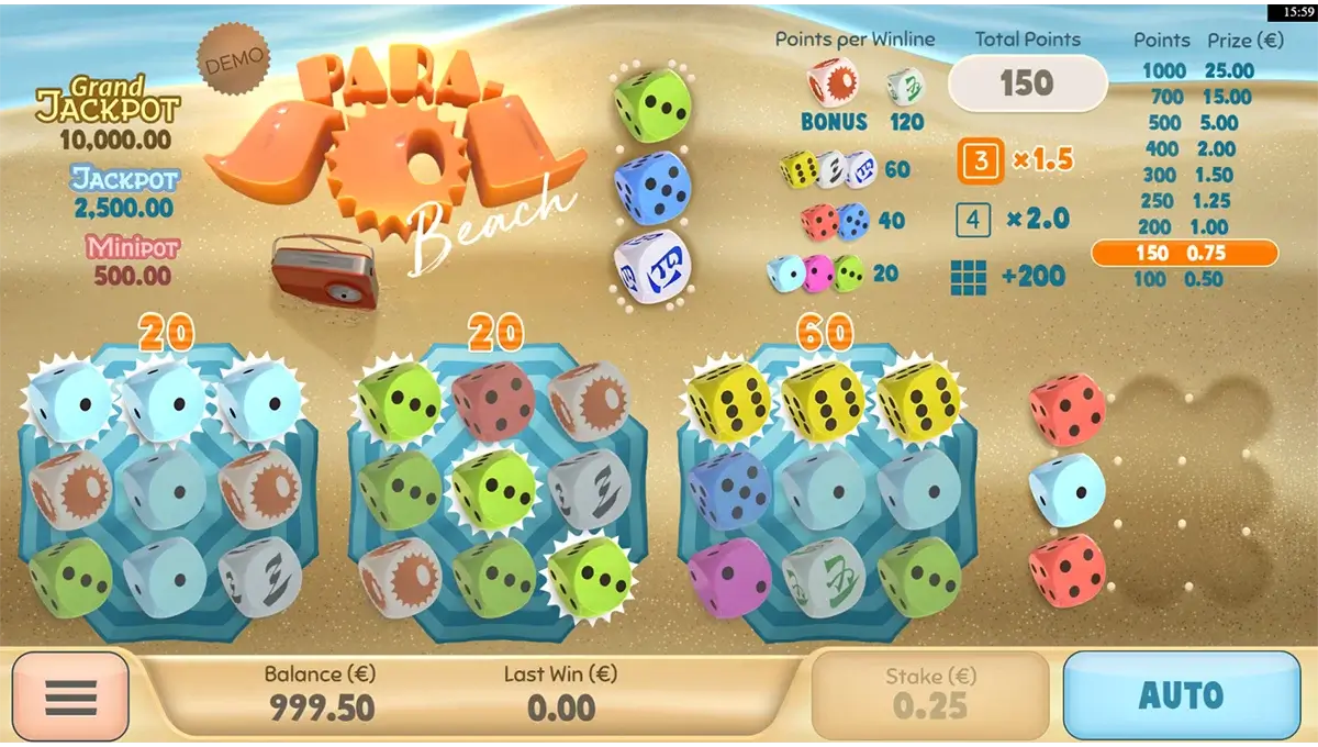 Capture d’écran du jeu de dés Parasol Beach d’Air Dice, avec décor de plage, animations ludiques et ambiance estivale