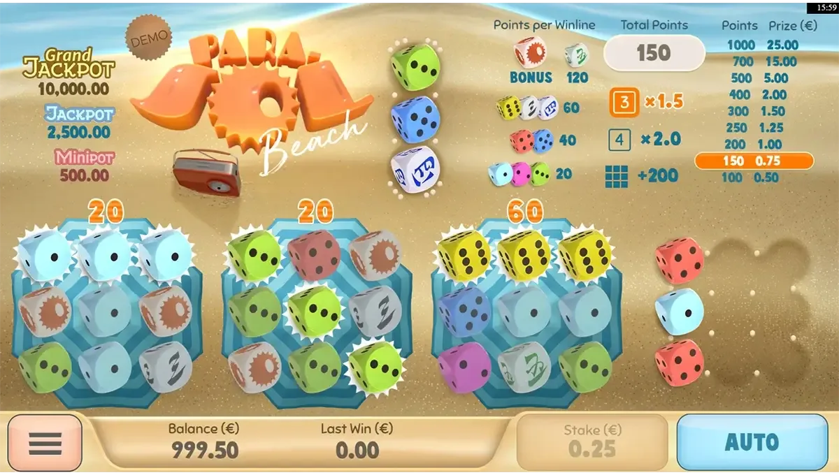 Screenshot of Parasol Beach by Air Dice, a beach-themed online dice game with summer vibes and light-hearted animations