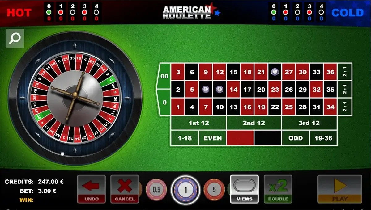 Gameplay view of American Roulette by Gaming1: wheel with double zero, bets in action and smooth play on Casino King.