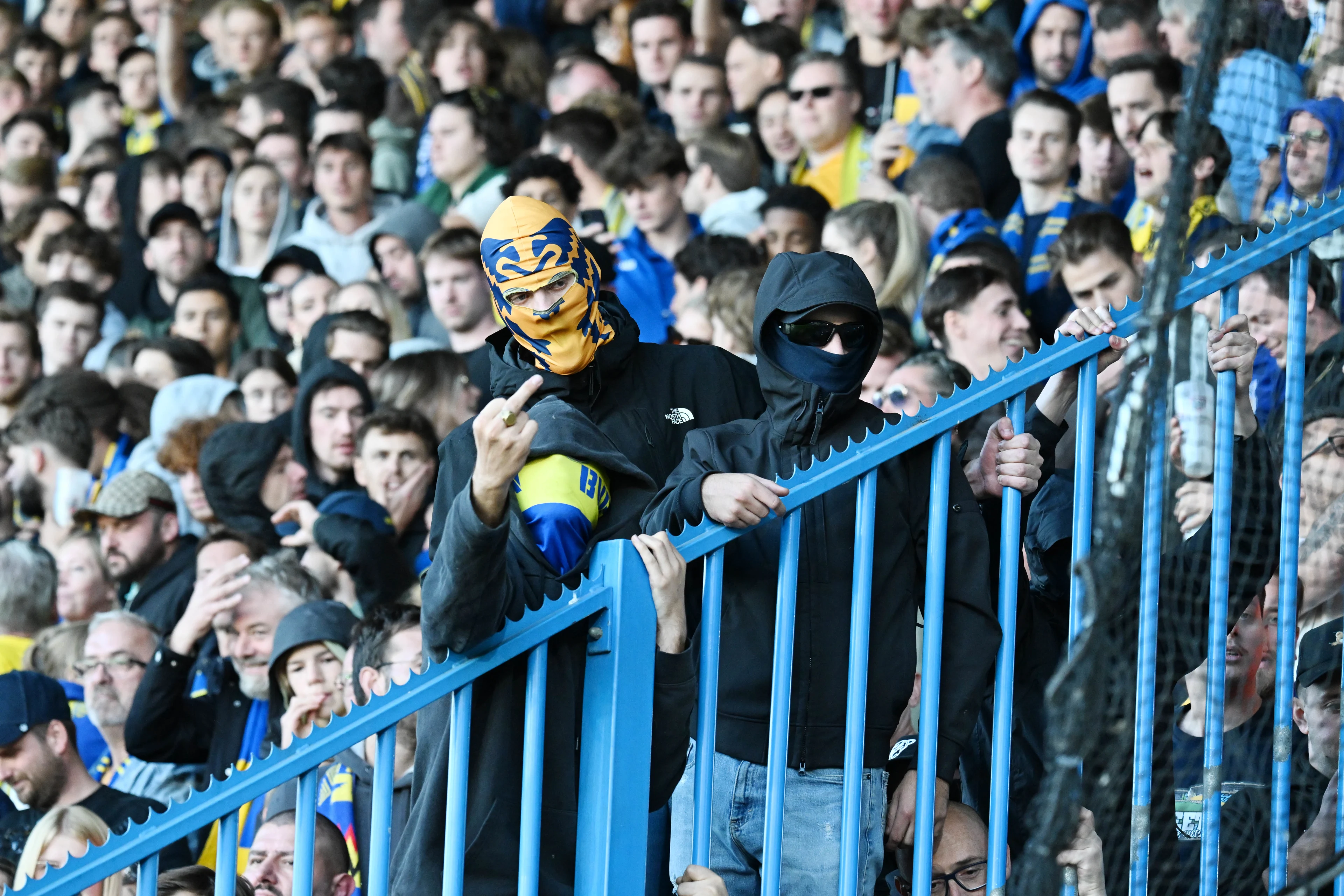 Fans of Beveren pictured after a soccer match between SK Beveren and Lokeren-Temse, in Beveren-Waas, on day 7 of the 2024-2025 season of the 'Challenger Pro League' second division of the Belgian championship, Saturday 05 October 2024. BELGA PHOTO MAARTEN STRAETEMANS