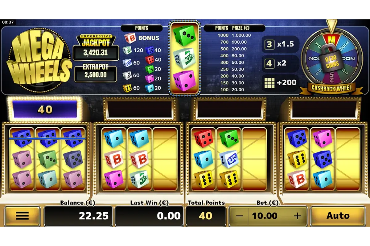 Screenshot of Mega Wheels, the online dice game by Air Dice