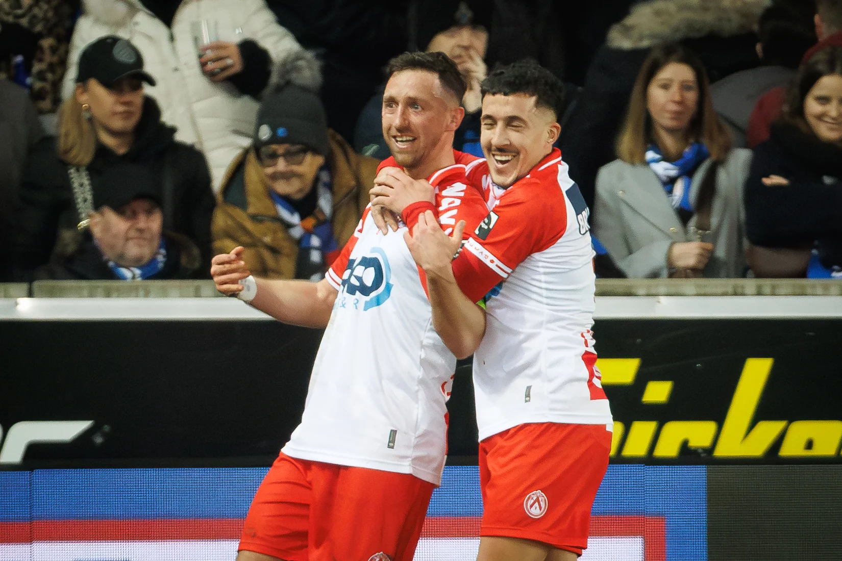 Kortrijk's Brecht Dejaegere celebrates after scoring during a soccer game between Club Brugge and KV Kortrijk, Saturday 25 January 2025 in Brugge, on day 23 of the 2024-2025 season of 'Jupiler Pro League' first division of the Belgian championship. BELGA PHOTO KURT DESPLENTER