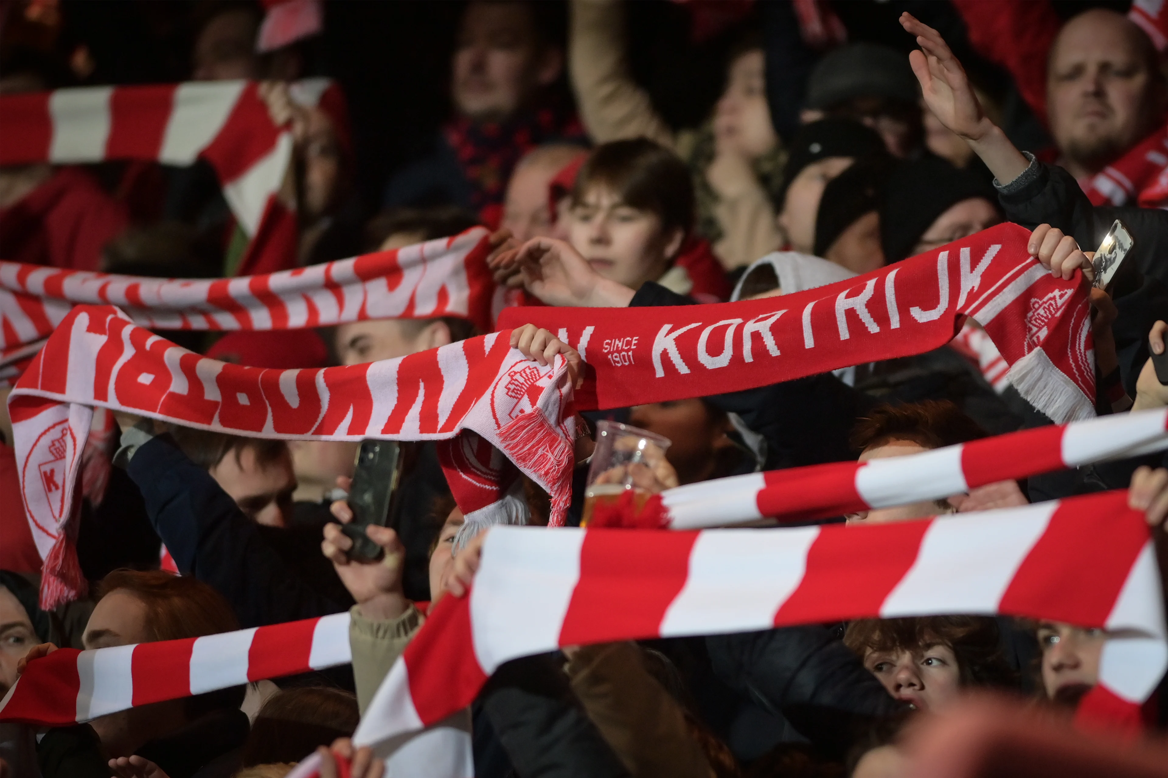 Illustration picture shows Kortrijk's supporters at a soccer match between KV Kortrijk and SV Zulte Waregem, Saturday 19 February 2022 in Kortrijk, on day 28 of the 2021-2022 'Jupiler Pro League' first division of the Belgian championship. BELGA PHOTO DAVID STOCKMAN