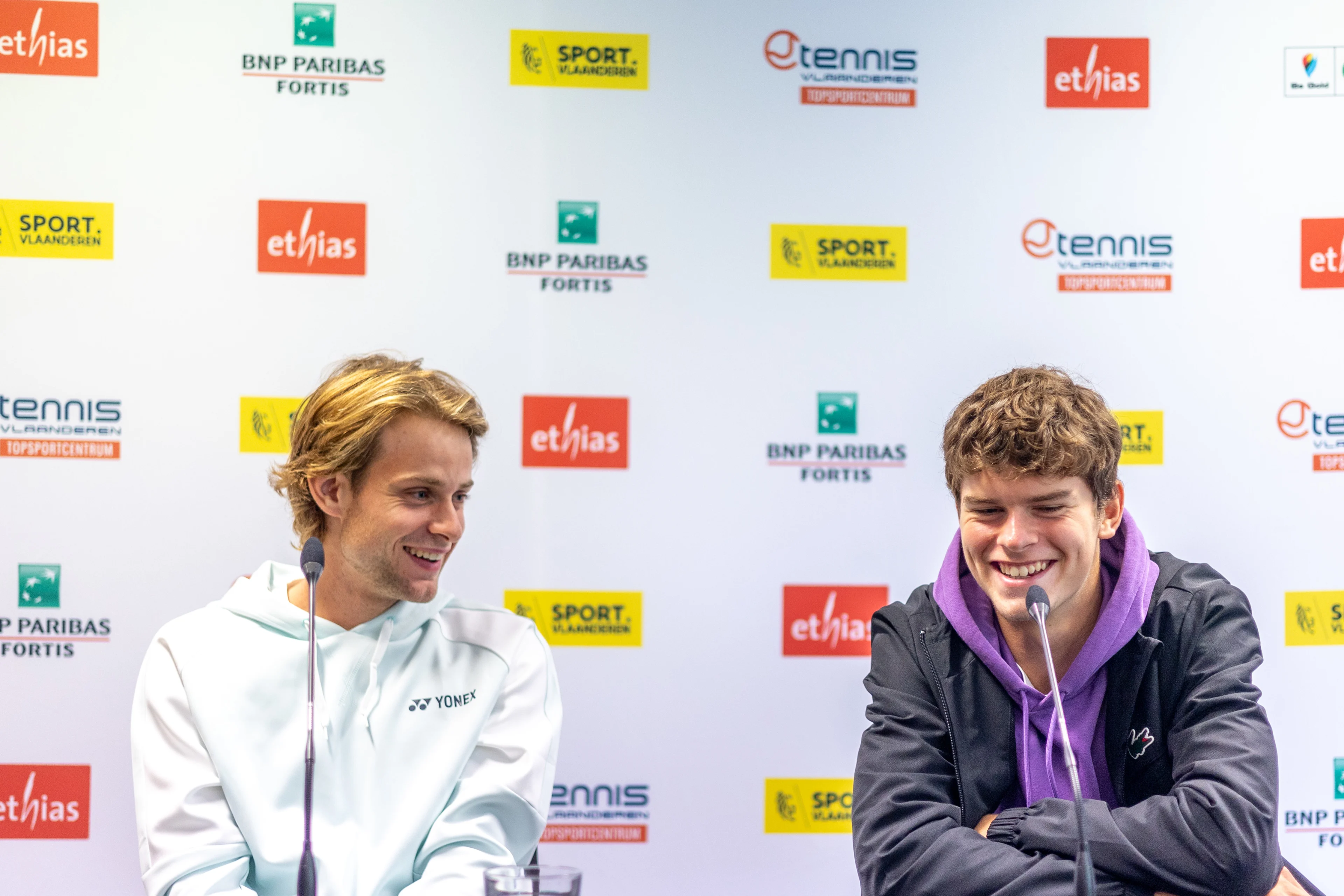 Belgian Zizou Bergs and Belgian Alexander Blockx answers questions during a press conference ahead of the European Open Tennis ATP tournament, in Antwerp, Friday 11 October 2024. BELGA PHOTO WARD VANDAEL