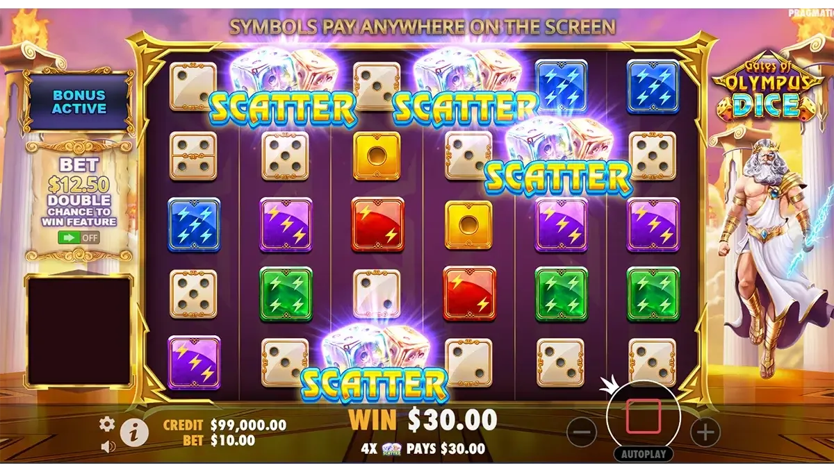 Bonus buy feature on the Gates of Olympus Dice game by Pragmatic with Scatter symbols