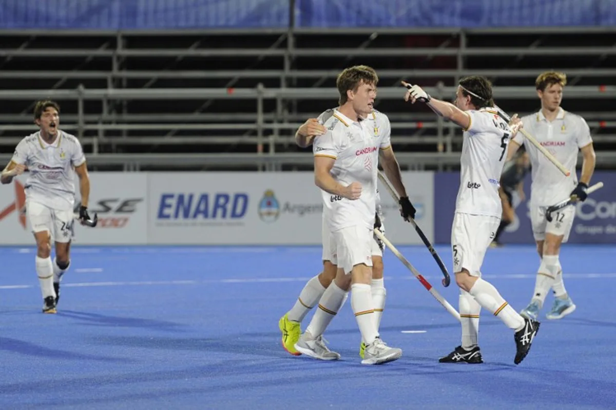 Belgium's Tom Boon (2nd-L) celebrates with teammates after scoring during the FIH Pro League men's hockey match between Belgium and Australia in Santiago del Estero, Argentina on February 21, 2025.  Eduardo RAPETTI / AFP