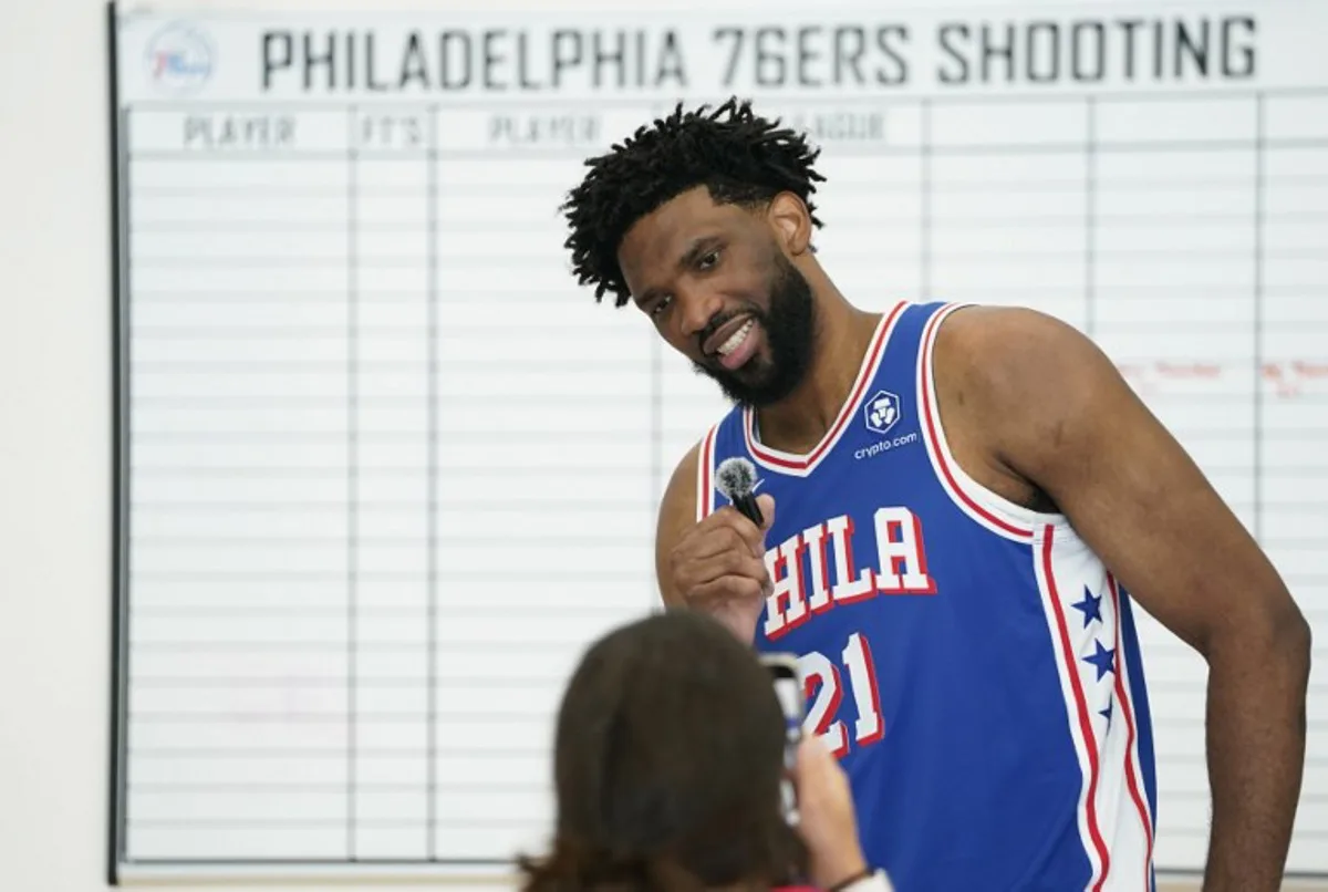 Philadelphia 76ers center Joel Embiid attends the 76ers media day ahead of the NBA season at the 76ers Training Complex in Camden, New Jersey, September 30, 2024.  TIMOTHY A. CLARY / AFP