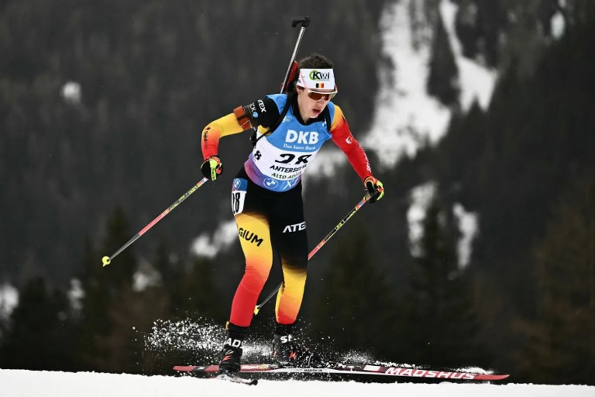 Belgium's Lotte Lie competes in the women's 7.5km sprint event of the IBU Biathlon World Cup in Antholz-Anterselva, Italy, on January 23, 2025.  Marco BERTORELLO / AFP