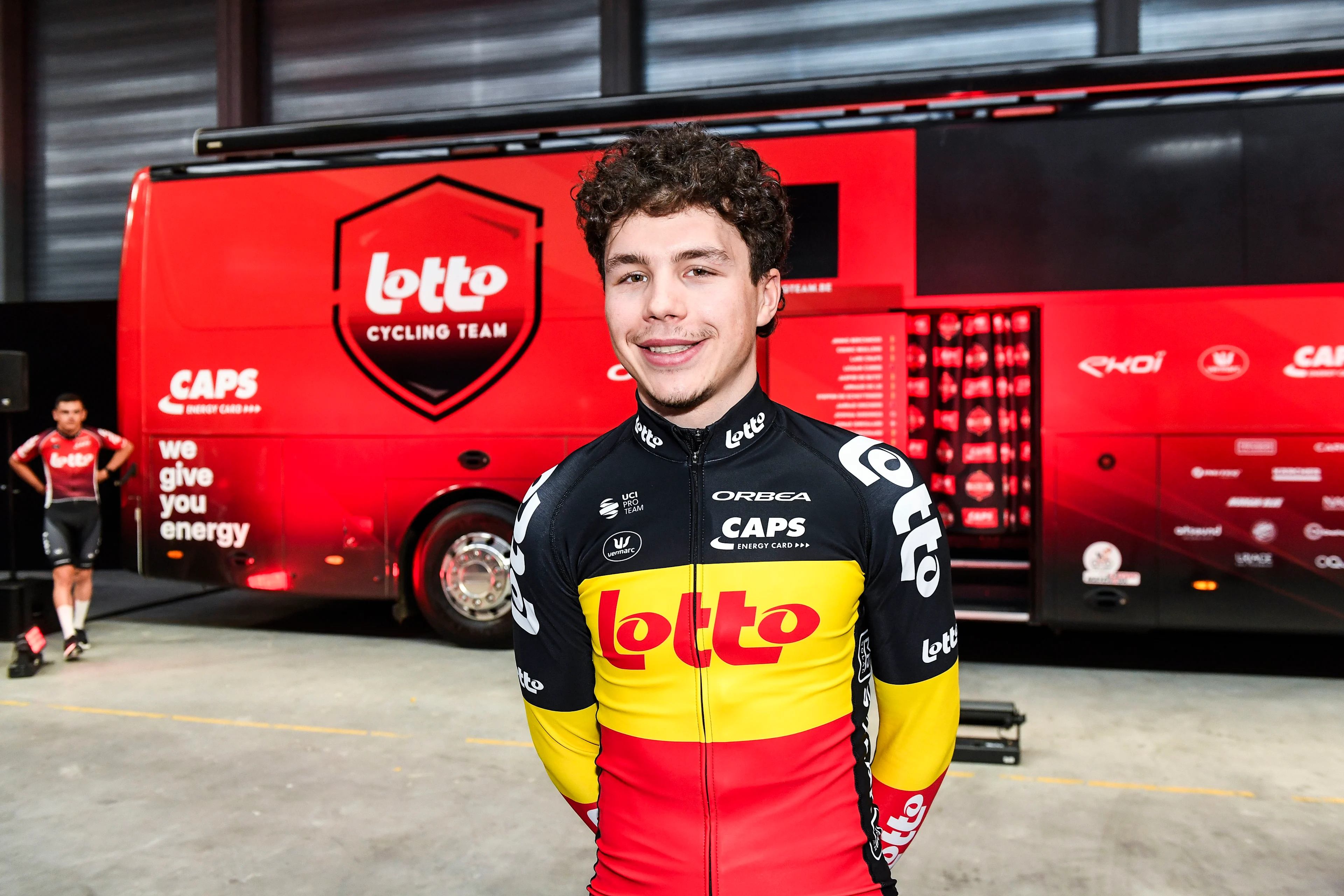 Belgian Arnaud De Lie of Lotto Dstny poses for the photographer during the Lotto Cycling Team media day, in Temse, Friday 03 January 2025. BELGA PHOTO GOYVAERTS