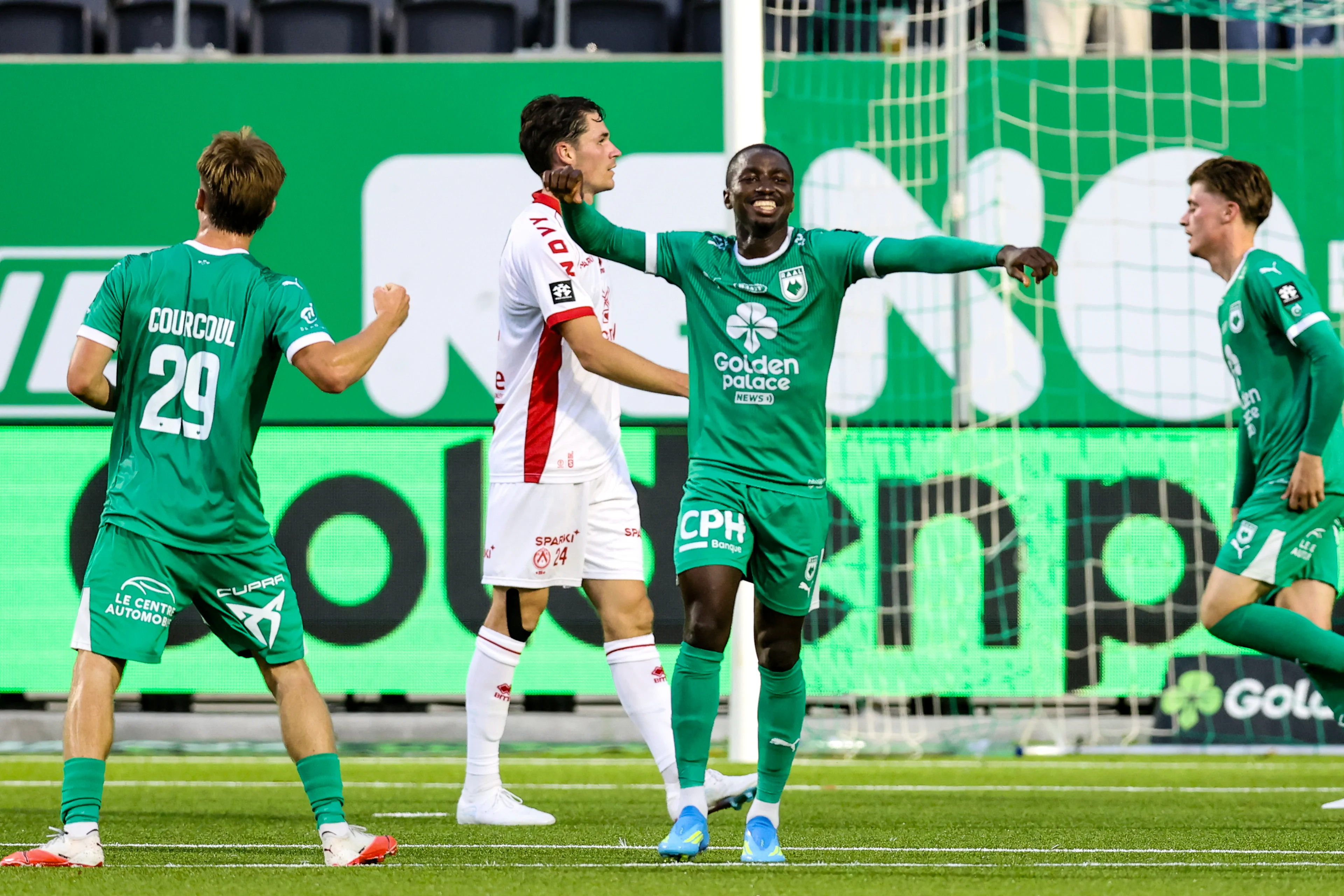 RAAL's Mustapha Isah celebrates after scoring during a soccer match between RAAL La Louviere and KV Kortrijk, Sunday 13 September 2026 in La Louviere, on day 6 of the 2026-2027 'Jupiler Pro League' first division of the Belgian championship. BELGA PHOTO BRUNO FAHY