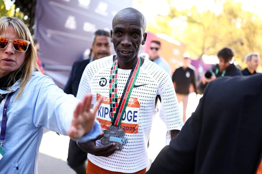 Eliud Kipchoge of Kenya walks away after competing in the New York marathon in New York on November 2, 2025.  CHARLY TRIBALLEAU / AFP