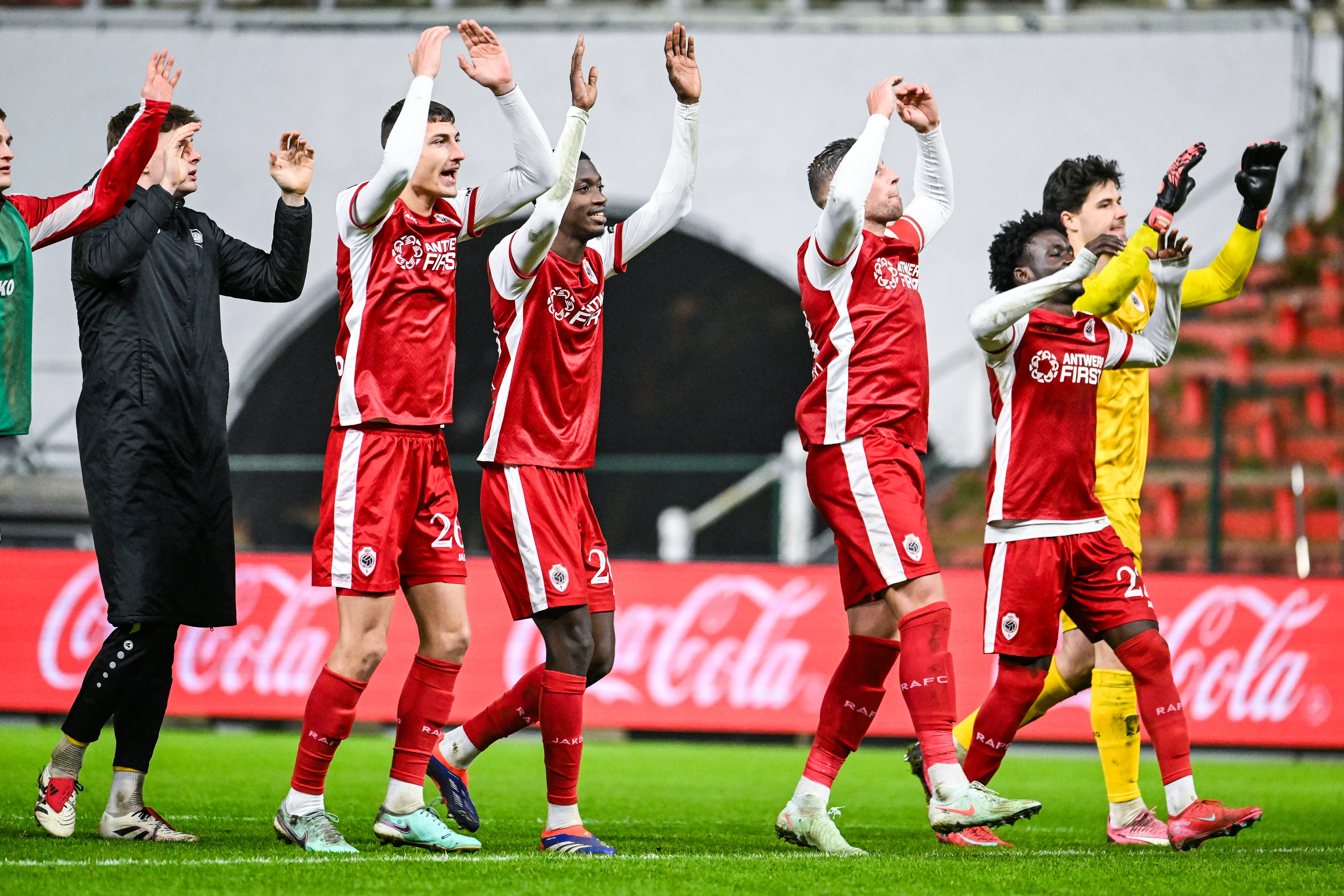 Antwerp's Rosen Bozhinov, Antwerp's Mahamadou Doumbia and Antwerp's Toby Alderweireld celebrate after winning a soccer match between Royal Antwerp FC and KVC Westerlo, Sunday 19 January 2025 in Antwerp, on day 22 of the 2024-2025 season of the 'Jupiler Pro League' first division of the Belgian championship. BELGA PHOTO TOM GOYVAERTS