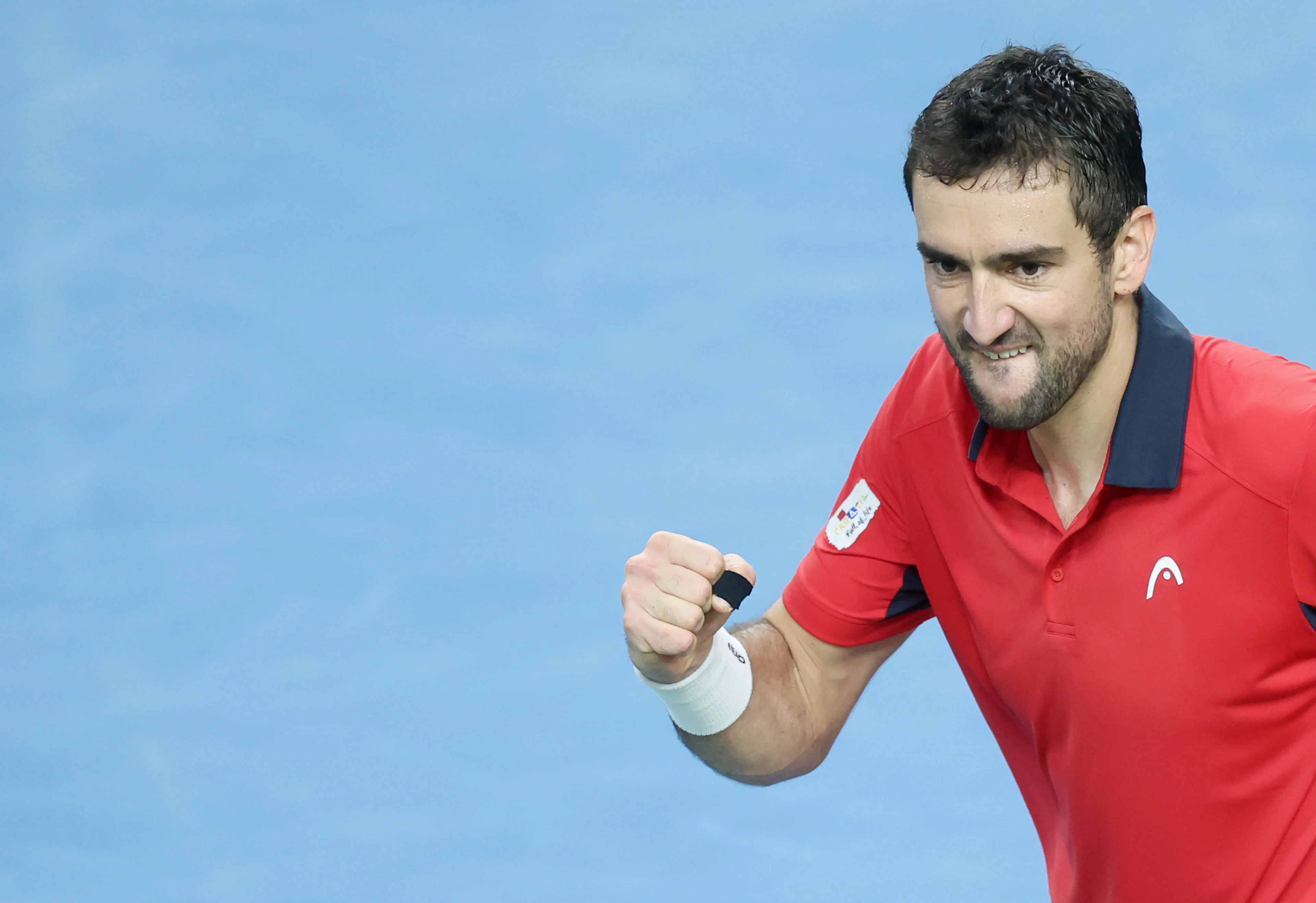 Croatian Marin Cilic pumps his fist during a tennis match between Belgian Bergs and Croatian Cilic, the 1st rubber of the Davis Cup Qualifiers meeting between Croatia and Belgium, Saturday 03 February 2024 in Varazdin, Croatia. BELGA PHOTO SANJIN STRUKIC  ***BELGIUM ONLY***