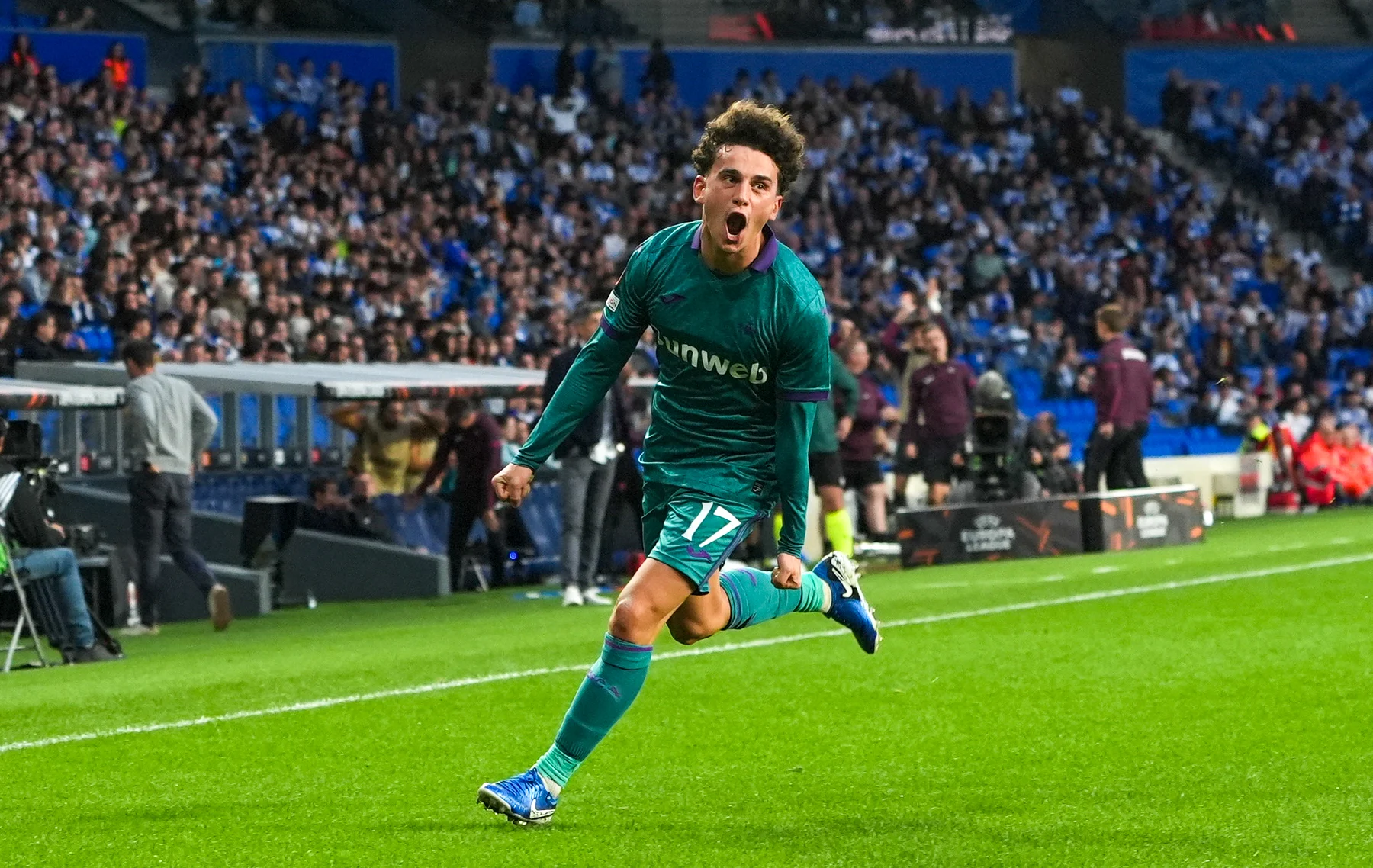 Anderlecht's Theo Leoni celebrates after scoring during a soccer match between Belgian team RSC Anderlecht and Spanish team Real Sociedad, Thursday 03 October 2024 in San Sebastian, Spain, on the second day of the UEFA Europa League tournament. BELGA PHOTO JOMA GARCIA I GISBERT