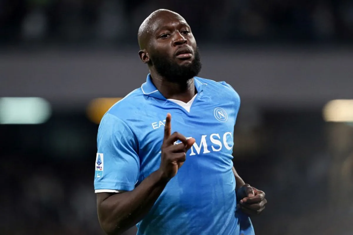 Napoli's Belgian forward #11 Romelu Lukaku celebrates after scoring a goal during the Italian Serie A football match between SSC Napoli and Genoa CFC at the Diego Armando Maradona Stadium in Naples on May 11, 2025. CARLO HERMANN / AFP