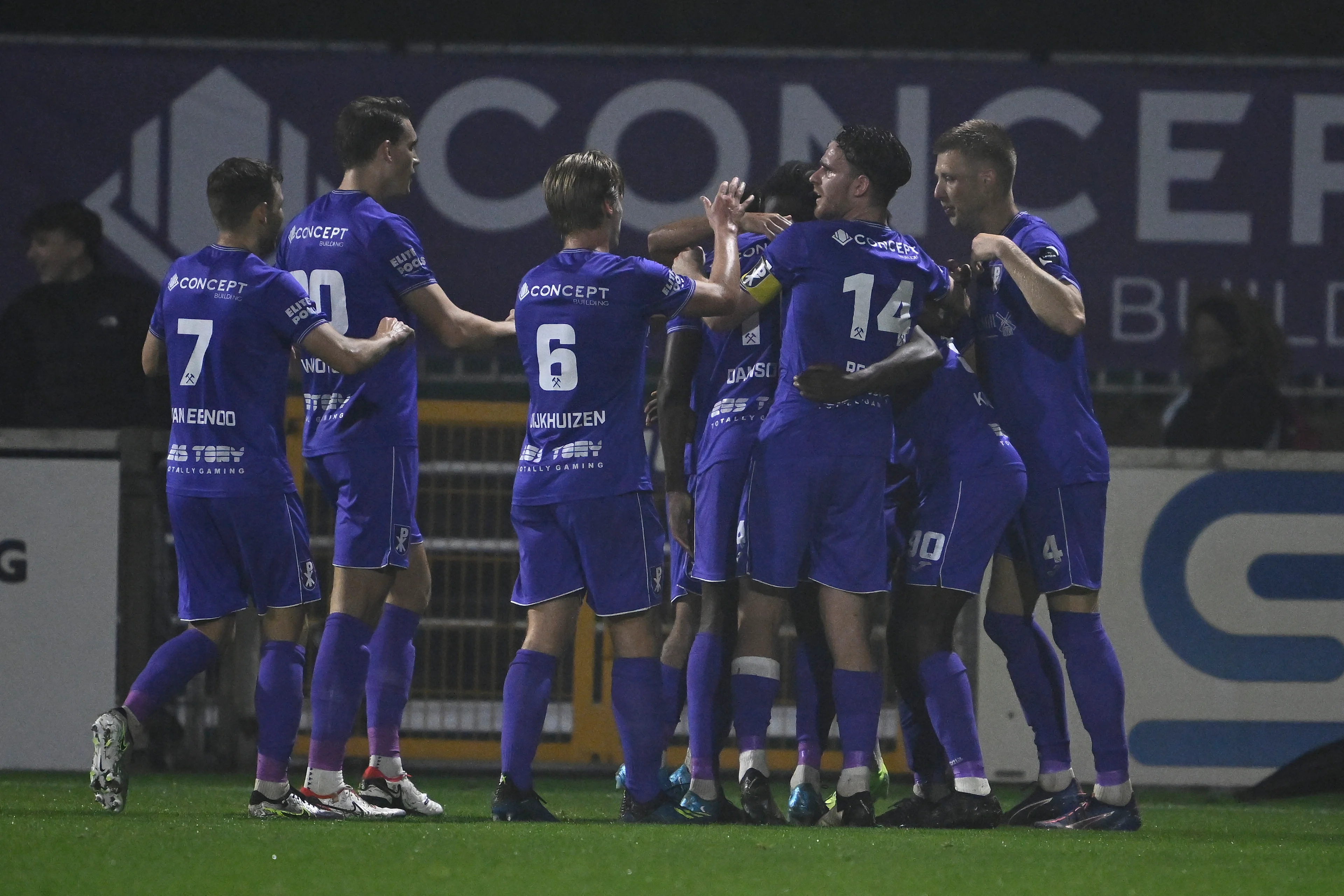 Patro Eisden's players celebrate after scoring during a soccer game between second division club Patro Eisden Maasmechelen and JPL club Sporting Charleroi, Tuesday 29 October 2024 in Maasmechelen, in the round 1 of 16 of the 'Croky Cup' Belgian soccer cup. BELGA PHOTO JOHAN EYCKENS