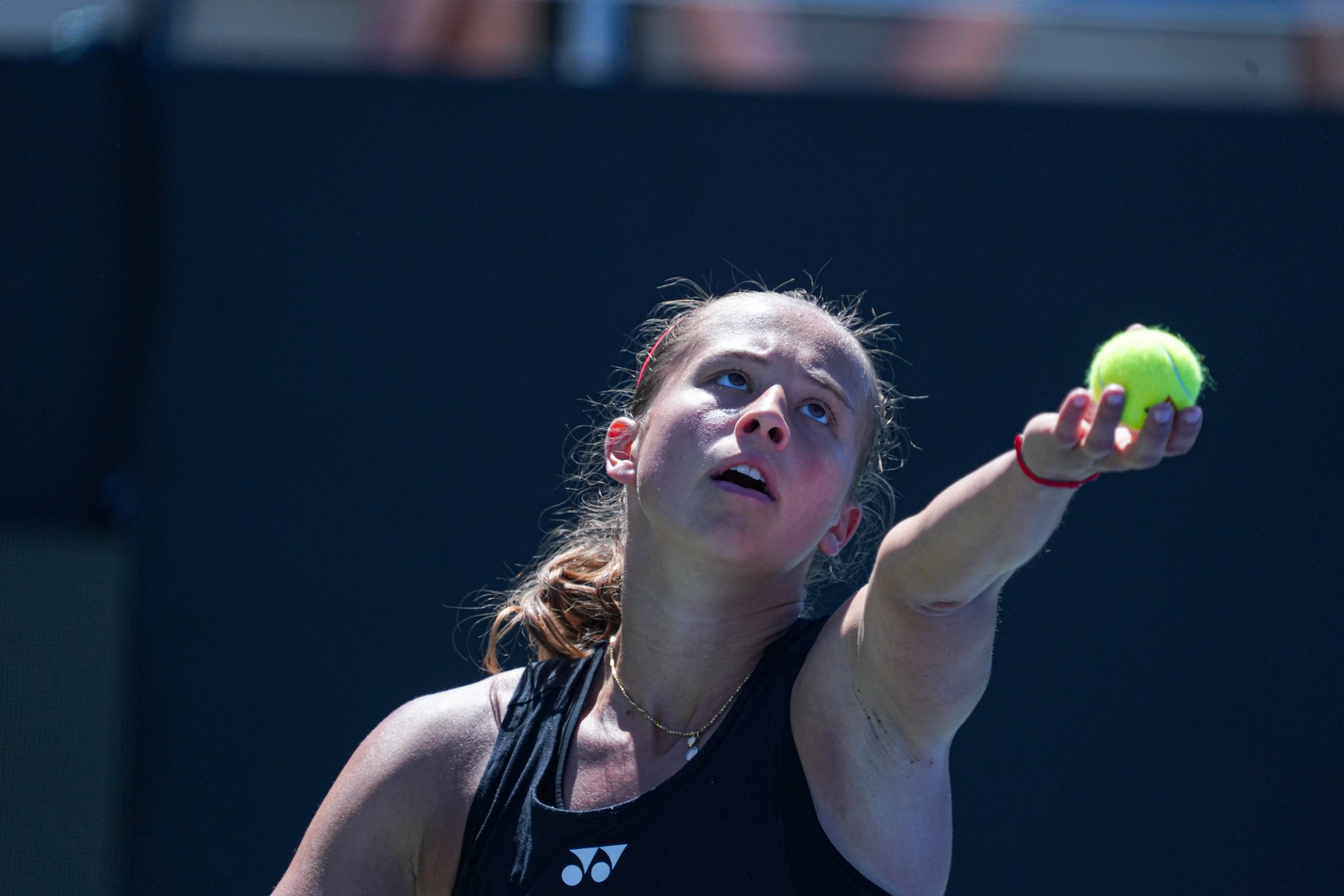 Belgian Hanne Vandewinkel pictured in action during the third match between American Pegula (WTA 5) and Belgian Vandewinkel (WTA 278) on the second day of the meeting between USA and Belgium, in the qualification round in the world group for the final of the Billie Jean King Cup tennis, in Orlando, Florida, USA, on Saturday 13 April 2024. BELGA PHOTO MARTY JEAN LOUIS