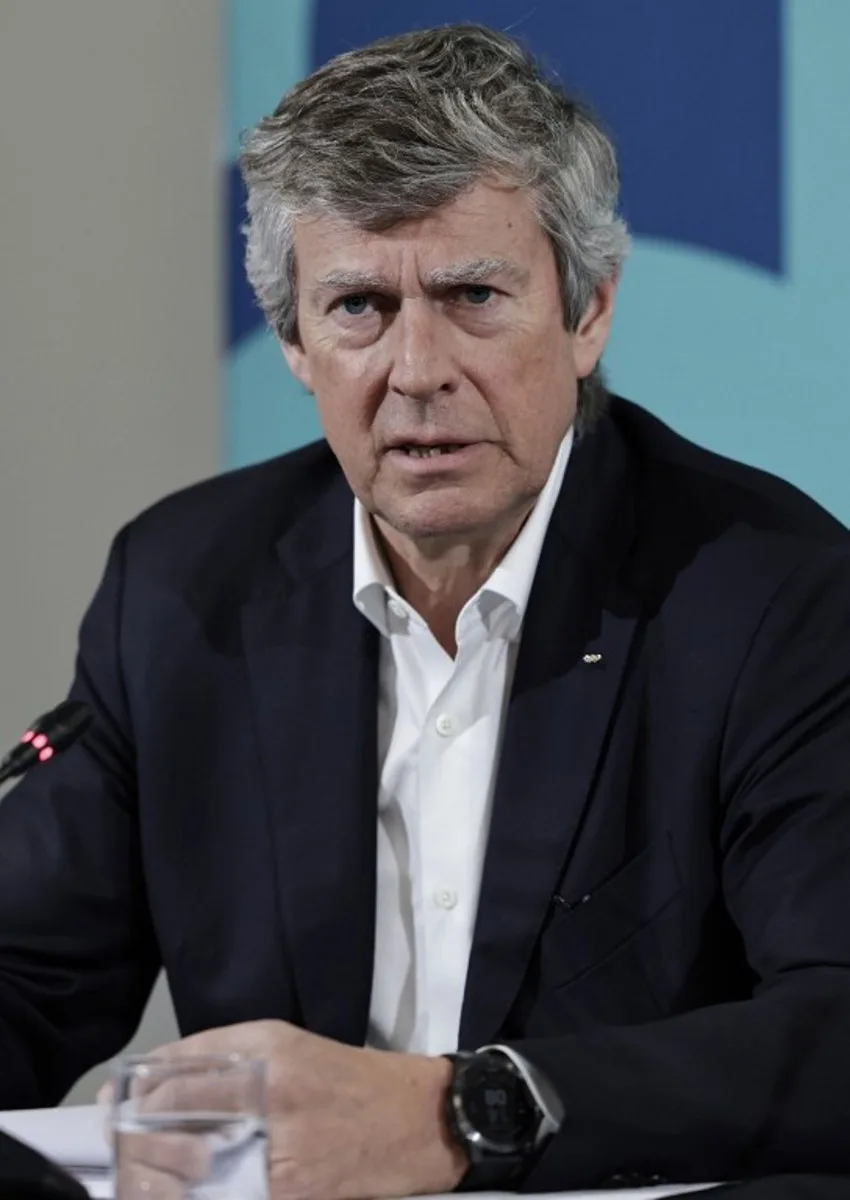 Pierre-Olivier Beckers-Vieujant, Chair of the International Olympic Committee's (IOC) Coordination Commission for the Olympic Games Paris 2024, speaks during a press conference of the International Olympic Committee (IOC) and of Paris-2024 in Saint-Denis, north of Paris, on March 8, 2024, ahead of the upcoming 2024 Olympic Games in Paris.   STEPHANE DE SAKUTIN / AFP