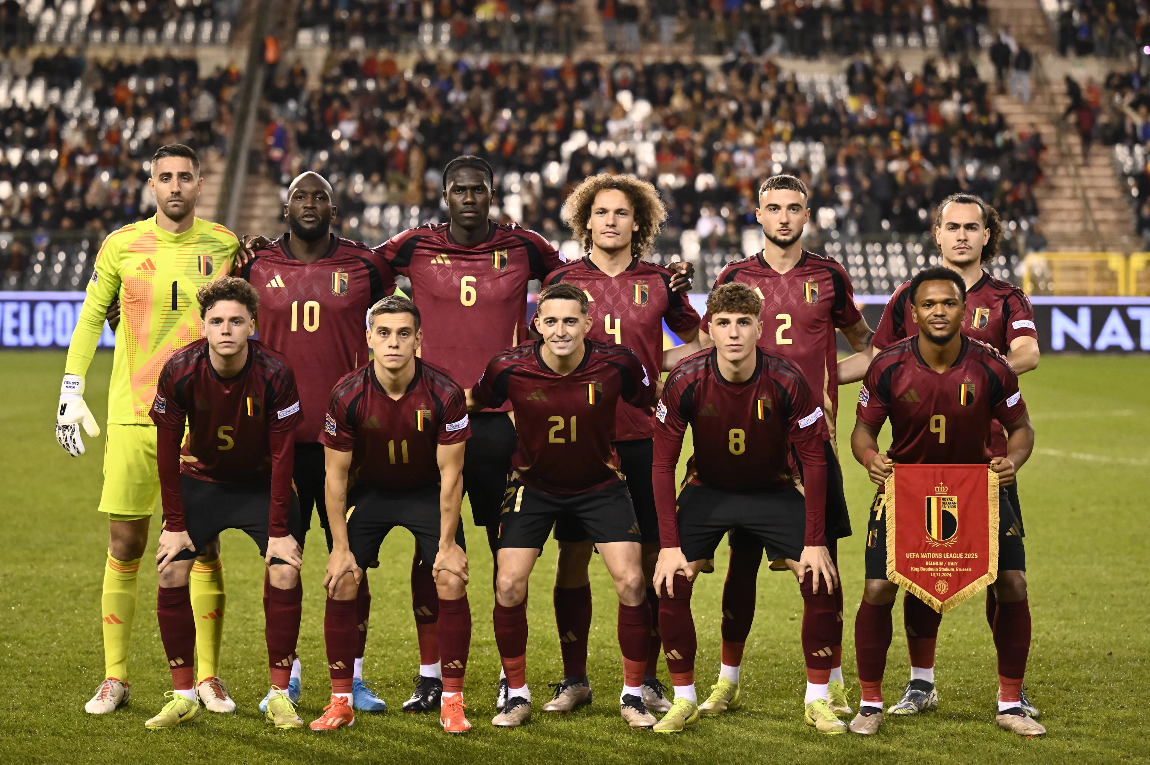 Belgium's players pose for a team picture at the start of a soccer game between Belgian national soccer team Red Devils and Italy, match 5 (out of 6) in the League A Group 2 of the UEFA Nations League 2025 competition, Thursday 14 November 2024 in Brussels. BELGA PHOTO DIRK WAEM