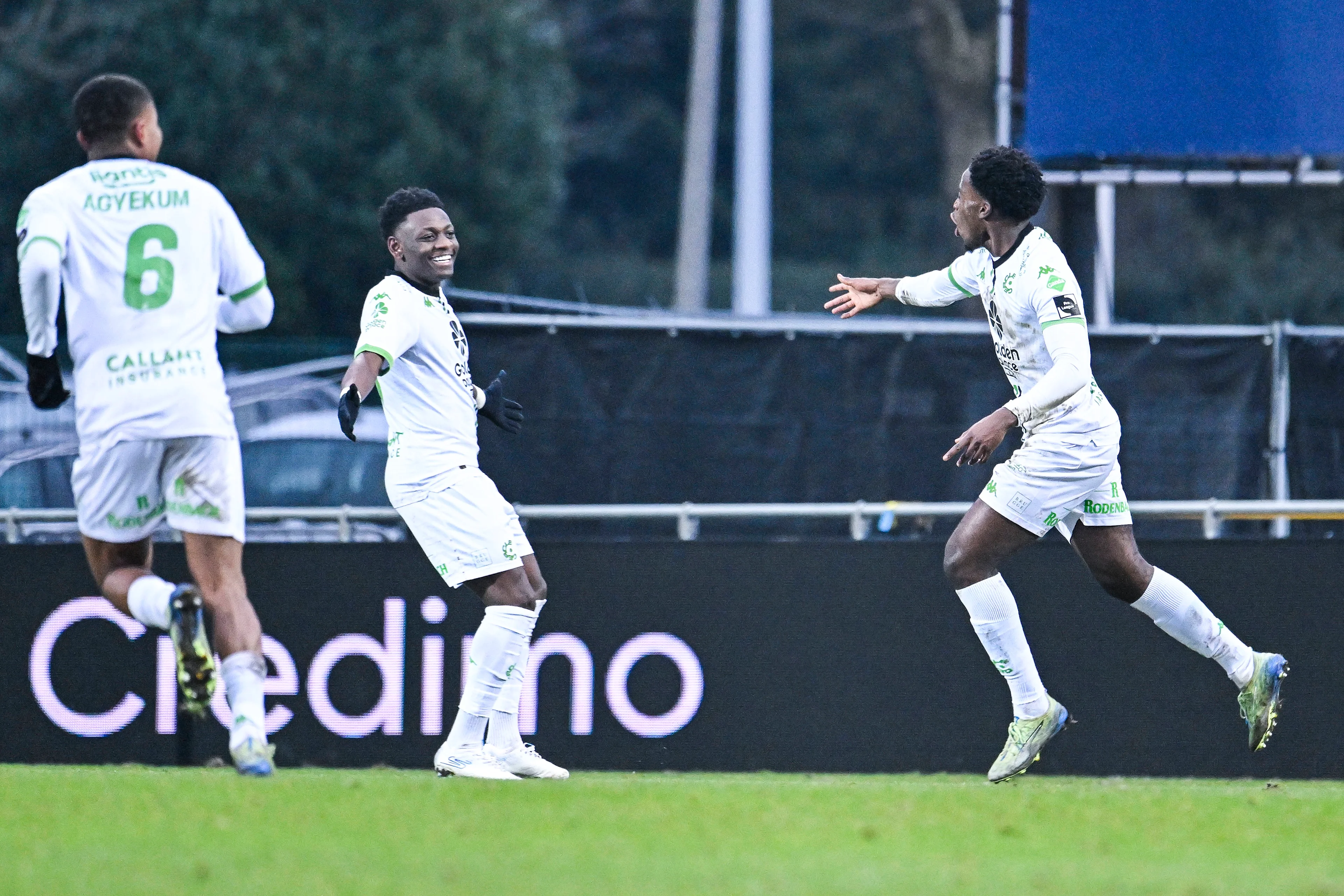 Cercle's Ibrahim Diakite celebrates after scoring during a soccer match between FCV Dender EH and Cercle Brugge, Saturday 18 January 2025 in Denderleeuw, on day 22 of the 2024-2025 season of the 'Jupiler Pro League' first division of the Belgian championship. BELGA PHOTO TOM GOYVAERTS