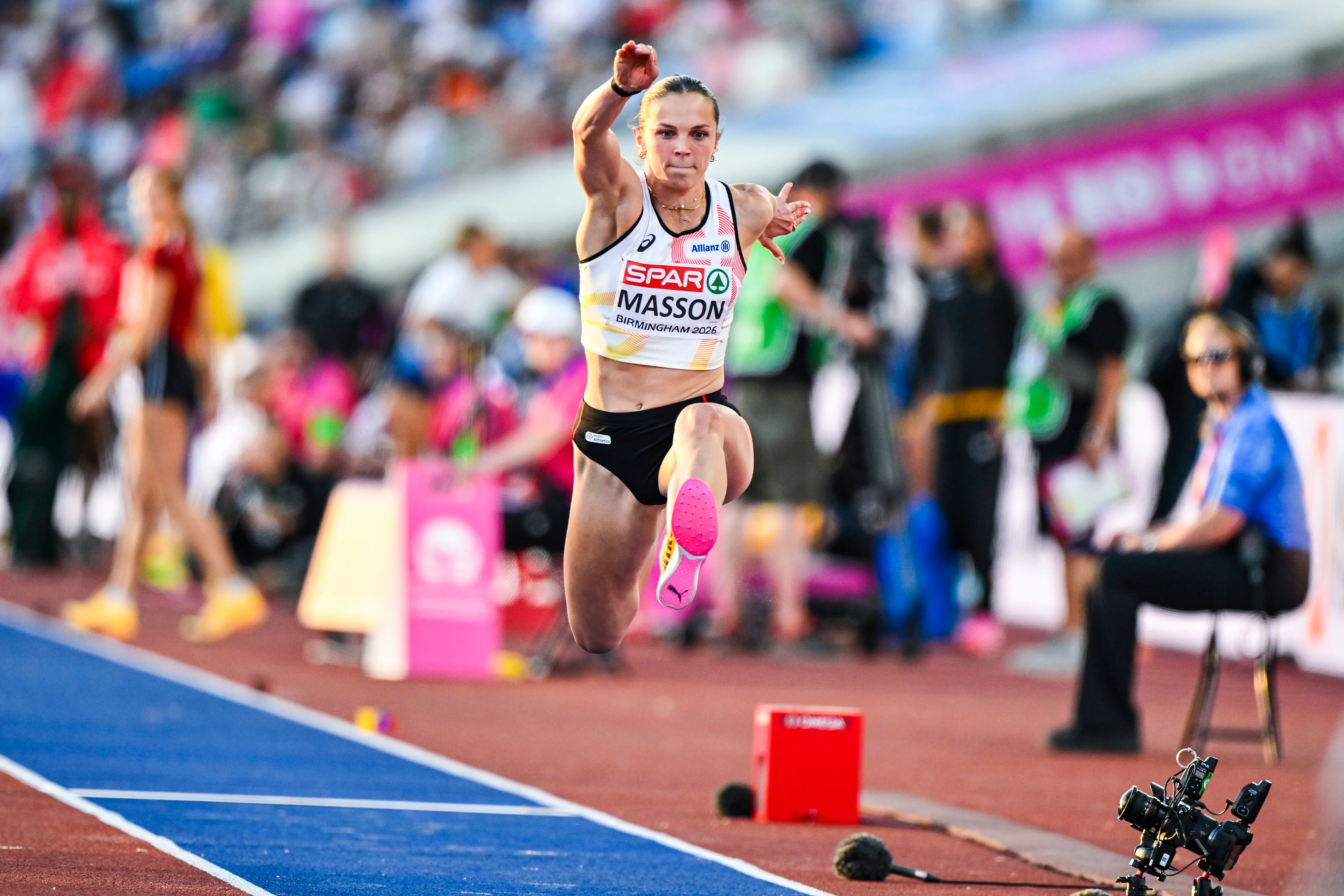 Belgian Ilona Masson pictured in action during the qualifications of the women's triple jump event at the European Athletics Championships (August 10-18) in Birmingham, United Kingdom, on Monday 10 August 2026. BELGA PHOTO ERIC LALMAND