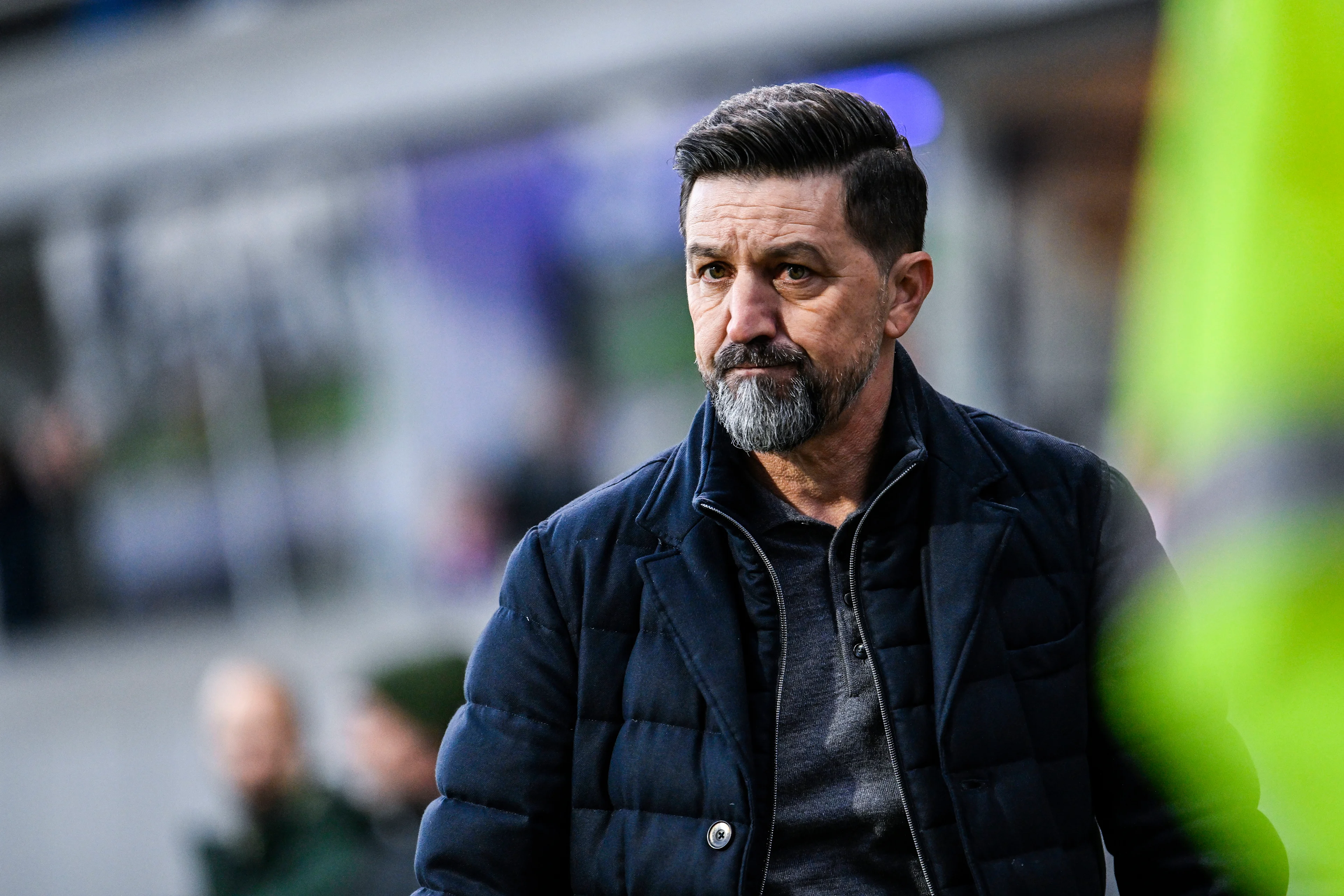 Mechelen's head coach Besnik Hasi looks dejected after losing a soccer game between K. Beerschot V.A. and KV Mechelen, Sunday 02 March 2025 in Antwerp, on day 28 of the 2024-2025 season of the "Jupiler Pro League" first division of the Belgian championship. BELGA PHOTO TOM GOYVAERTS