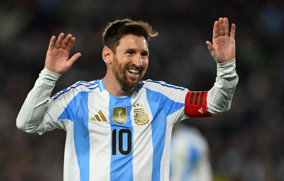 Argentina's forward #10 Lionel Messi celebrates after scoring his second goal during the 2026 FIFA World Cup South American qualifiers football match between Argentina and Venezuela at the Mas Monumental stadium in Buenos Aires on September 4, 2025. Luis ROBAYO / AFP