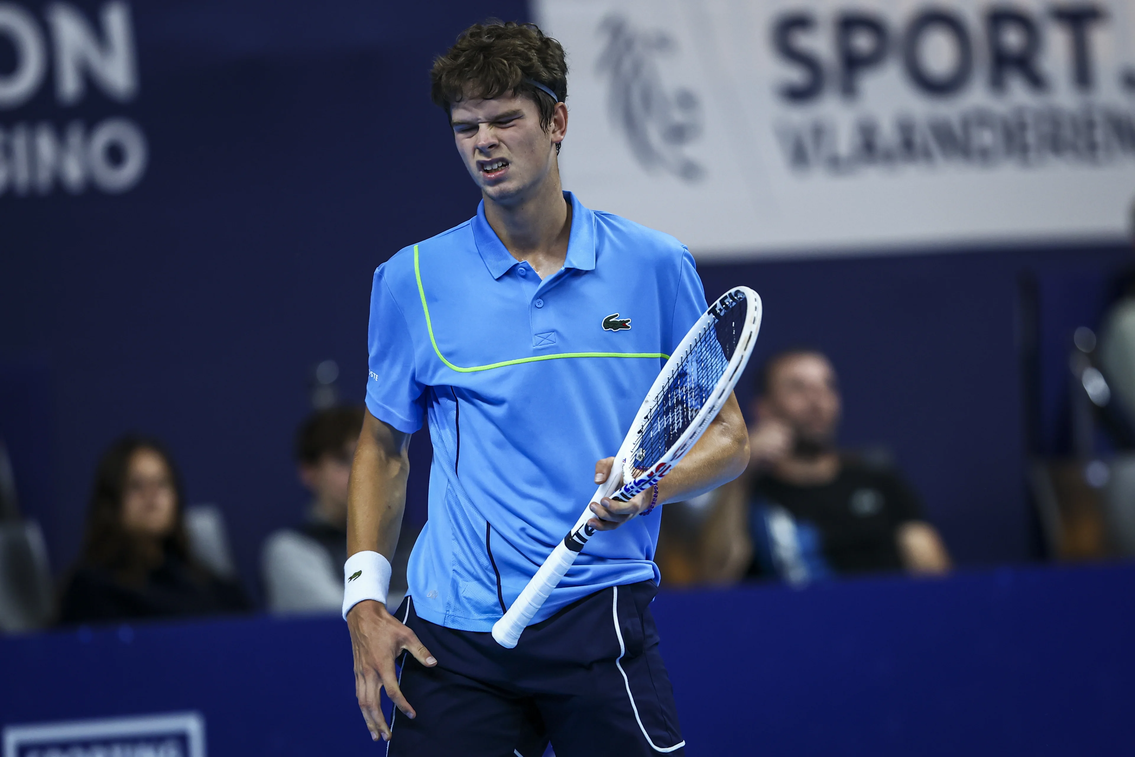 Belgian Alexander Blockx pictured in action during a tennis match in the round of 32 of the singles competition at the ATP European Open Tennis tournament in Antwerp, Tuesday 15 October 2024. BELGA PHOTO DAVID PINTENS