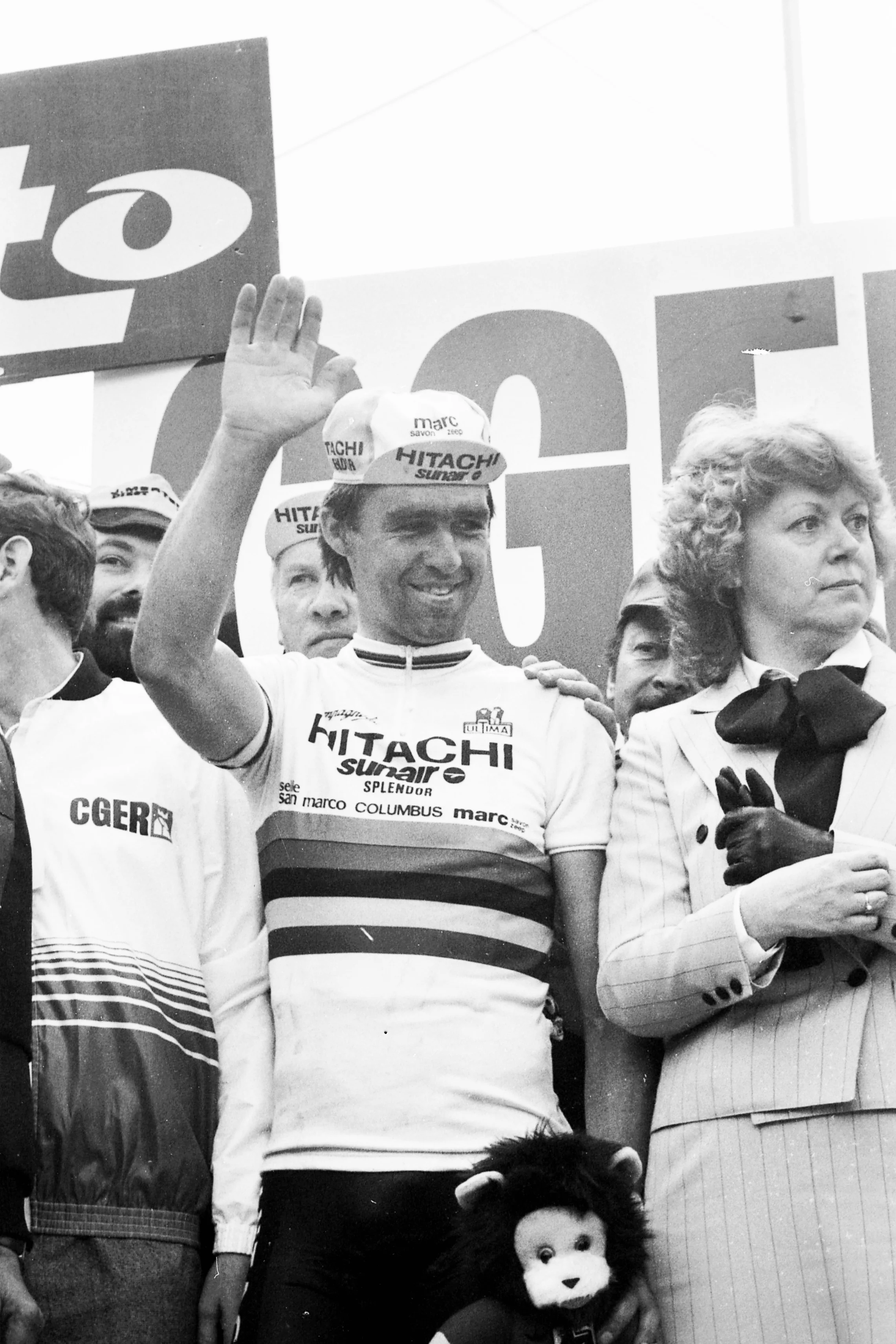 19850417 - HUY, BELGIUM:  Winner Belgian Claude Criquielion (C) celebrates after winning the 1985 edition of the 'La Fleche Wallonne' cycling race from and to Huy, Wednesday 17 April 1985. BELGA PHOTO ARCHIVES