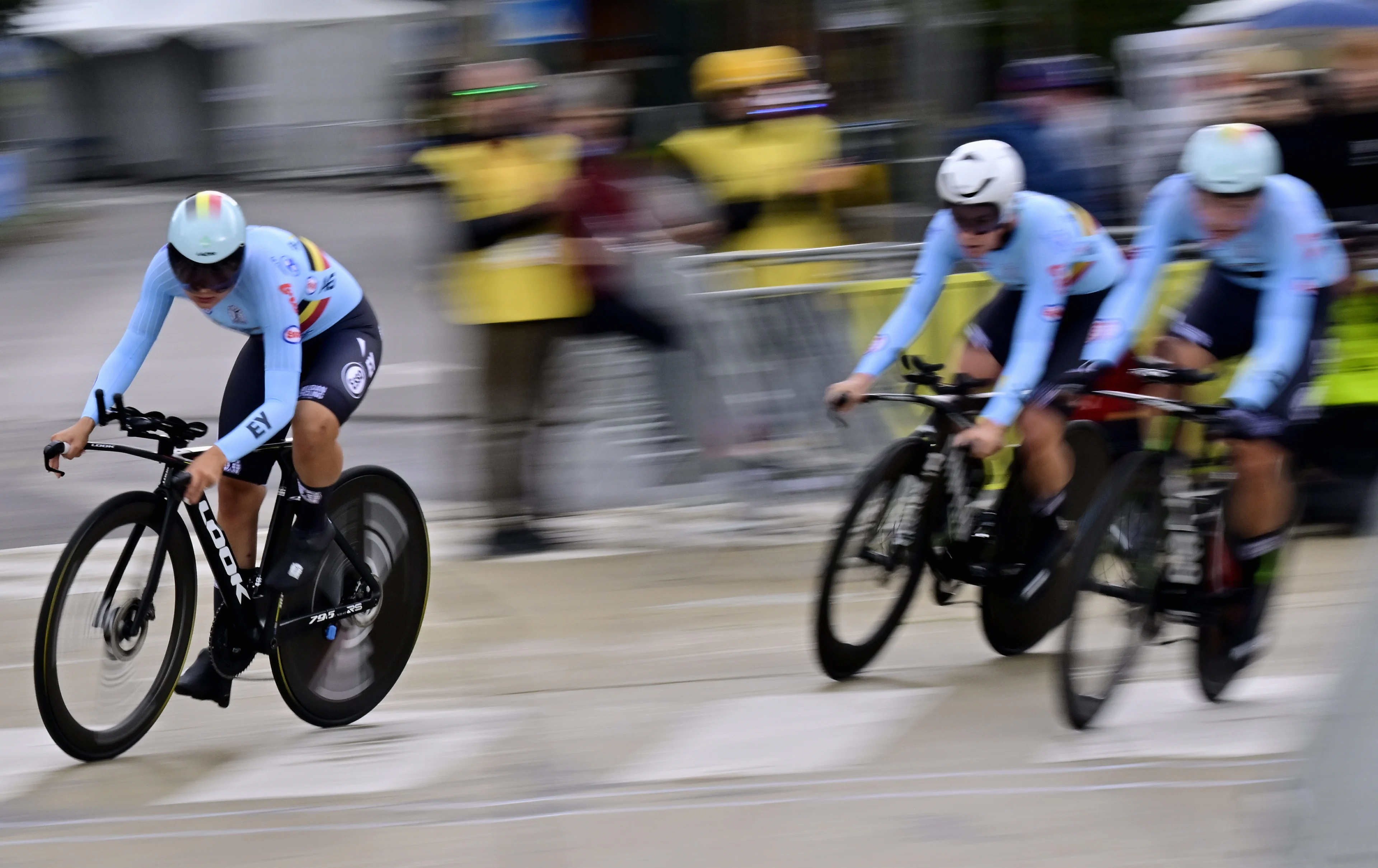 Belgium Female Team Alana Castrique, Marion Norbert Riberolle and Jesse Vandenbulcke pictured in action during the time trial mixed relay elite at the European Championship 2024, in Hasselt, Thursday 12 September 2024. The UEC Road European Championships 2024 will take place from 11 to 15 september in Limburg, Belgium. BELGA PHOTO DIRK WAEM