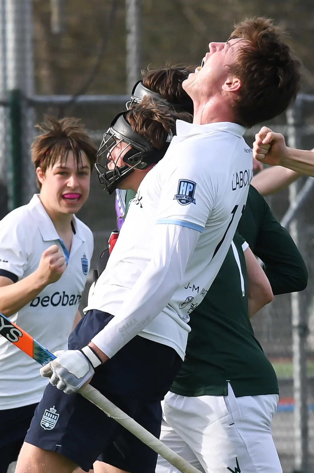 Oree's Hugo Labouchere celebrates after scoring during a hockey game between Waterloo Ducks and Royal Oree, Sunday 23 March 2025 in Waterloo, on day 14 of the Belgian first division hockey championship. BELGA PHOTO JILL DELSAUX