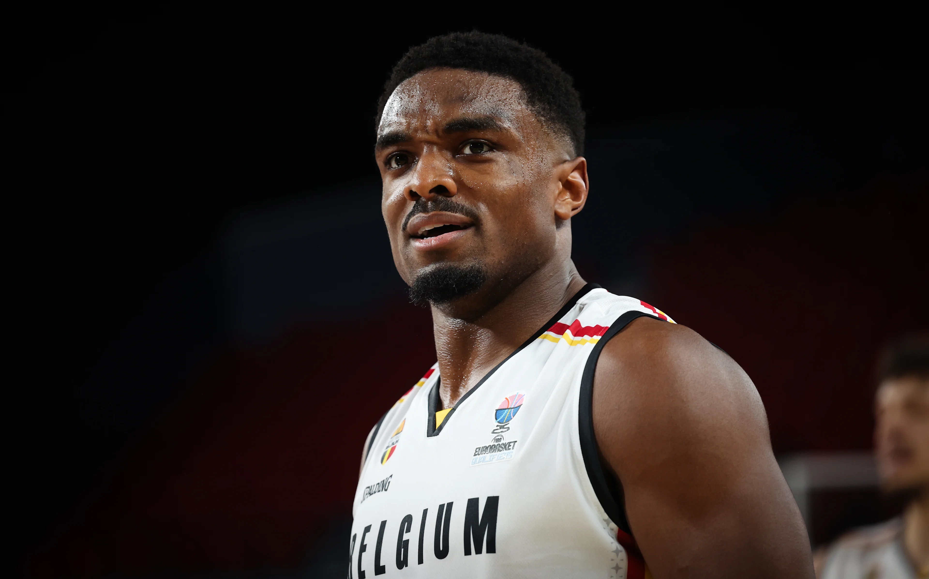 Belgium's Retin Obasohan pictured during a basketball match between Belgium's national team Belgian Lions and Latvia, Monday 25 November 2024 in Charleroi, game 4/6 in the group stage of the qualifications for the Eurobasket 2025 European championships. BELGA PHOTO VIRGINIE LEFOUR