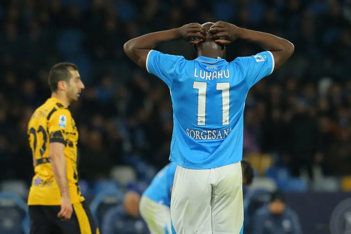 Napoli's Belgian forward #11 Romelu Lukaku reacts during the Italian Serie A football match between Napoli and Inter Milan at the Diego Armando Maradona stadium in Naples on March 01, 2025.  CARLO HERMANN / AFP