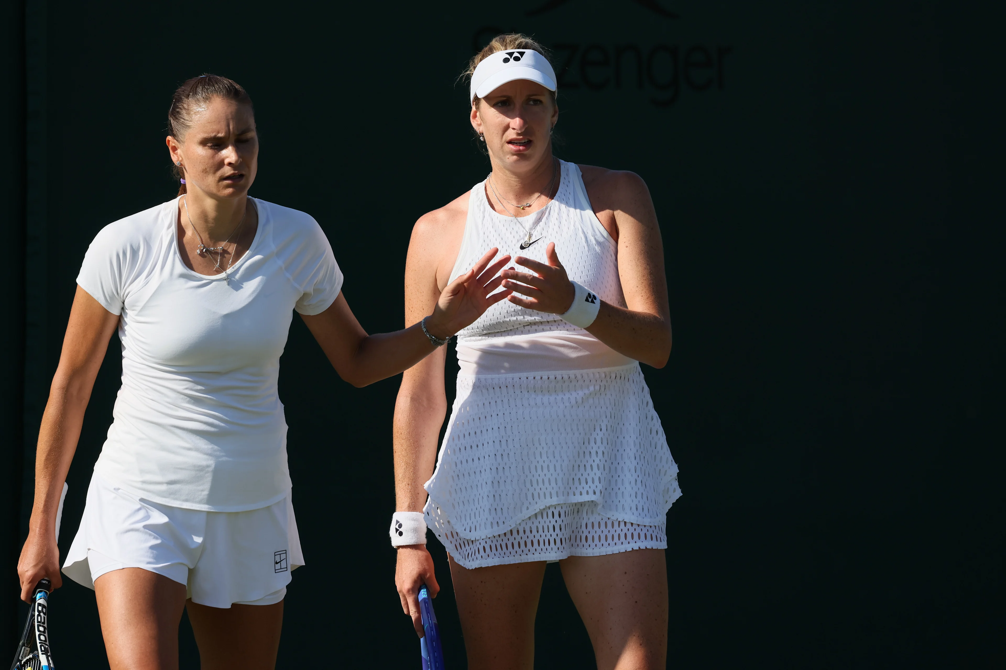 Alexandra Panova and Belgian Magali Kempen pictured at a tennis match between Belgian-/ pair Kempen-Panova and US-Polish pair Jovic-Linette in the first round of the Women's doubles at the Wimbledon grand slam tennis tournament in London, Britain, Thursday 02 July 2026. BELGA PHOTO BENOIT DOPPAGNE
