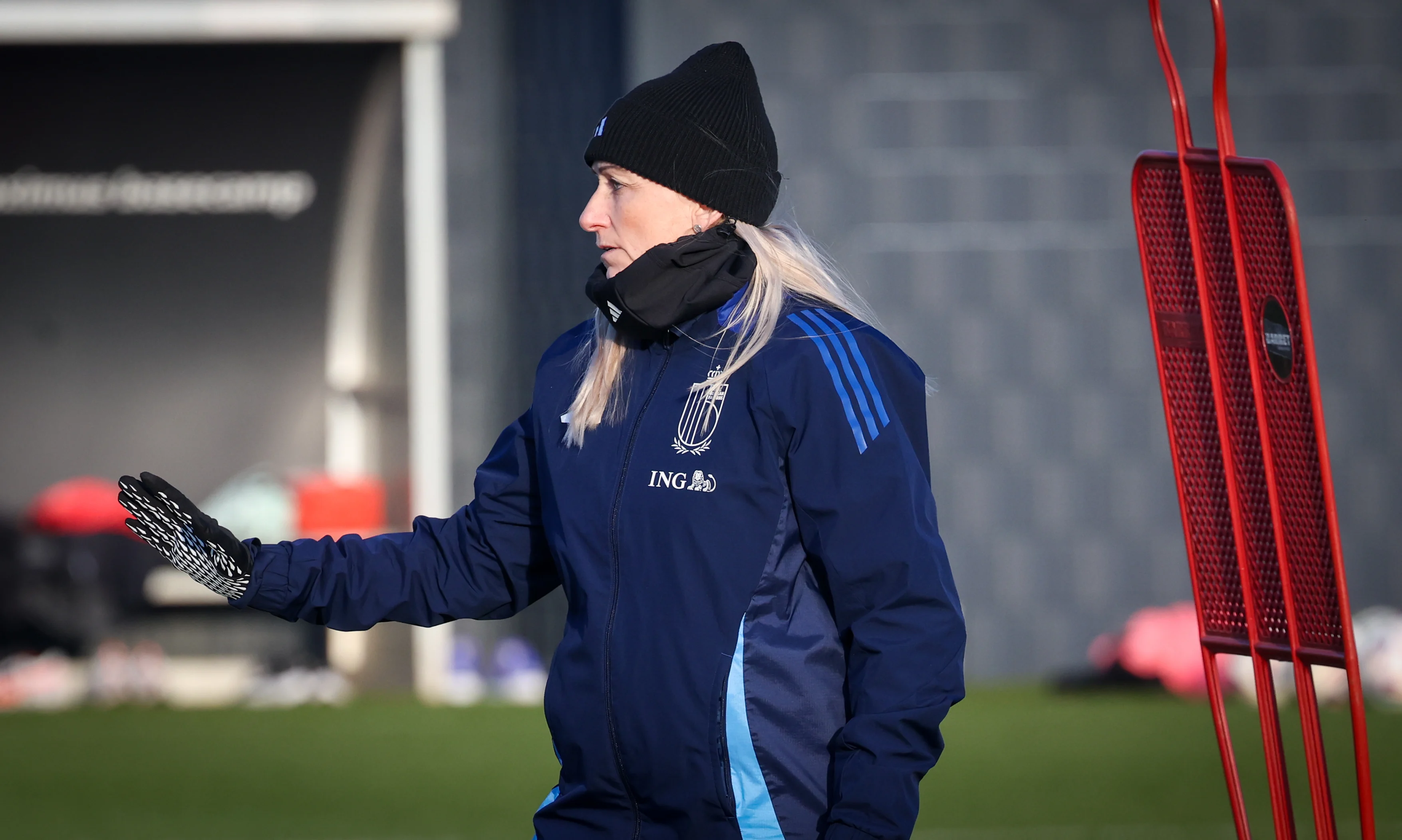 Belgium's head coach Elisabet Gunnarsdottir gestures during a training session of Belgium's national women's team the Red Flames ahead of Nations League soccer games against Spain and Portugal, on Tuesday 18 February 2025 in Tubize. BELGA PHOTO VIRGINIE LEFOUR