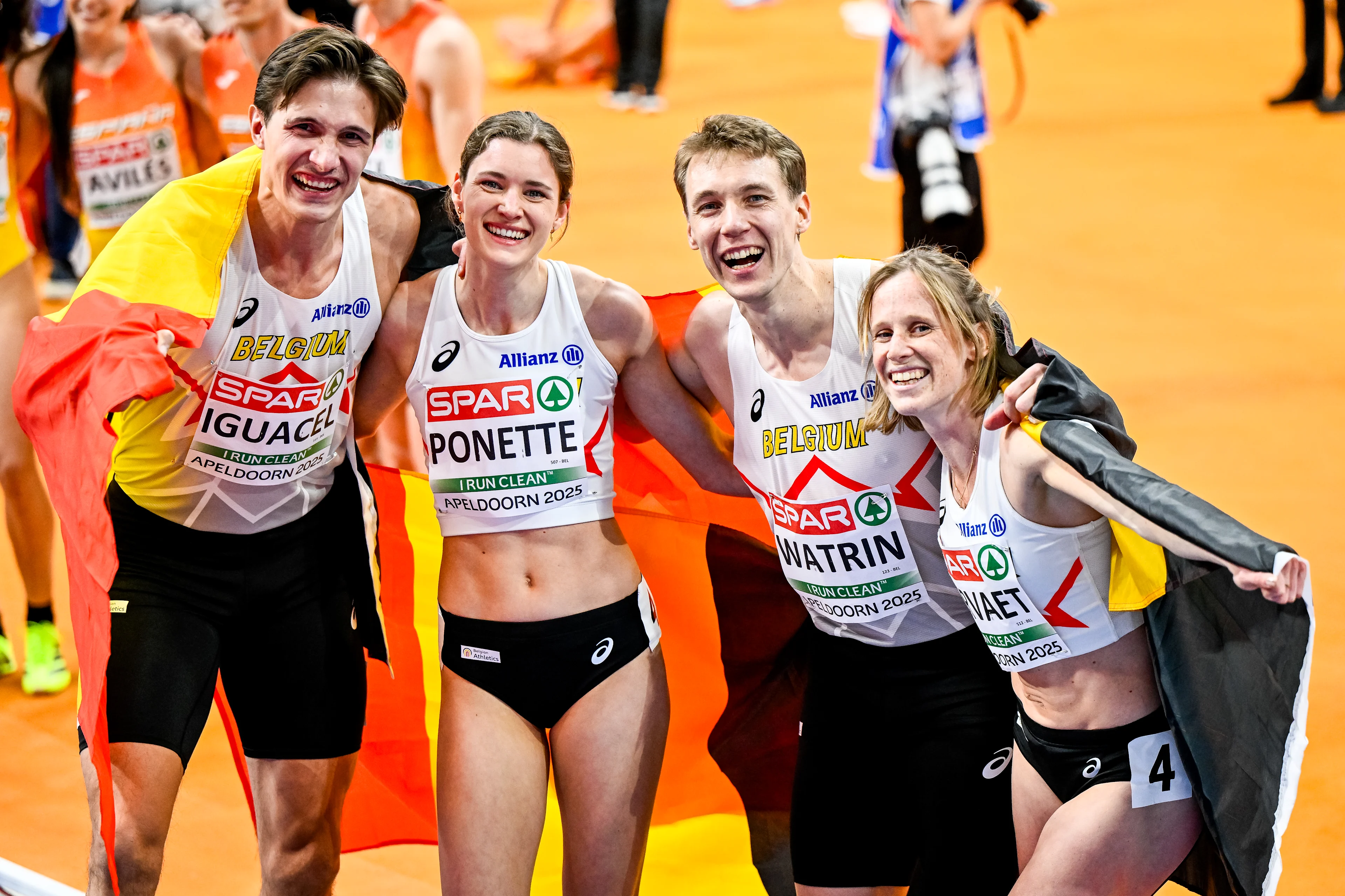 Belgian Christian Iguacel, Belgian Helena Ponette, Belgian Julien Watrin and Belgian athlete Imke Vervaet celebrates after winning a silver medal at the European Athletics Indoor Championships, in Apeldoorn, The Netherlands, Thursday 06 March 2025. The championships take place from 6 to 9 March. BELGA PHOTO ERIC LALMAND