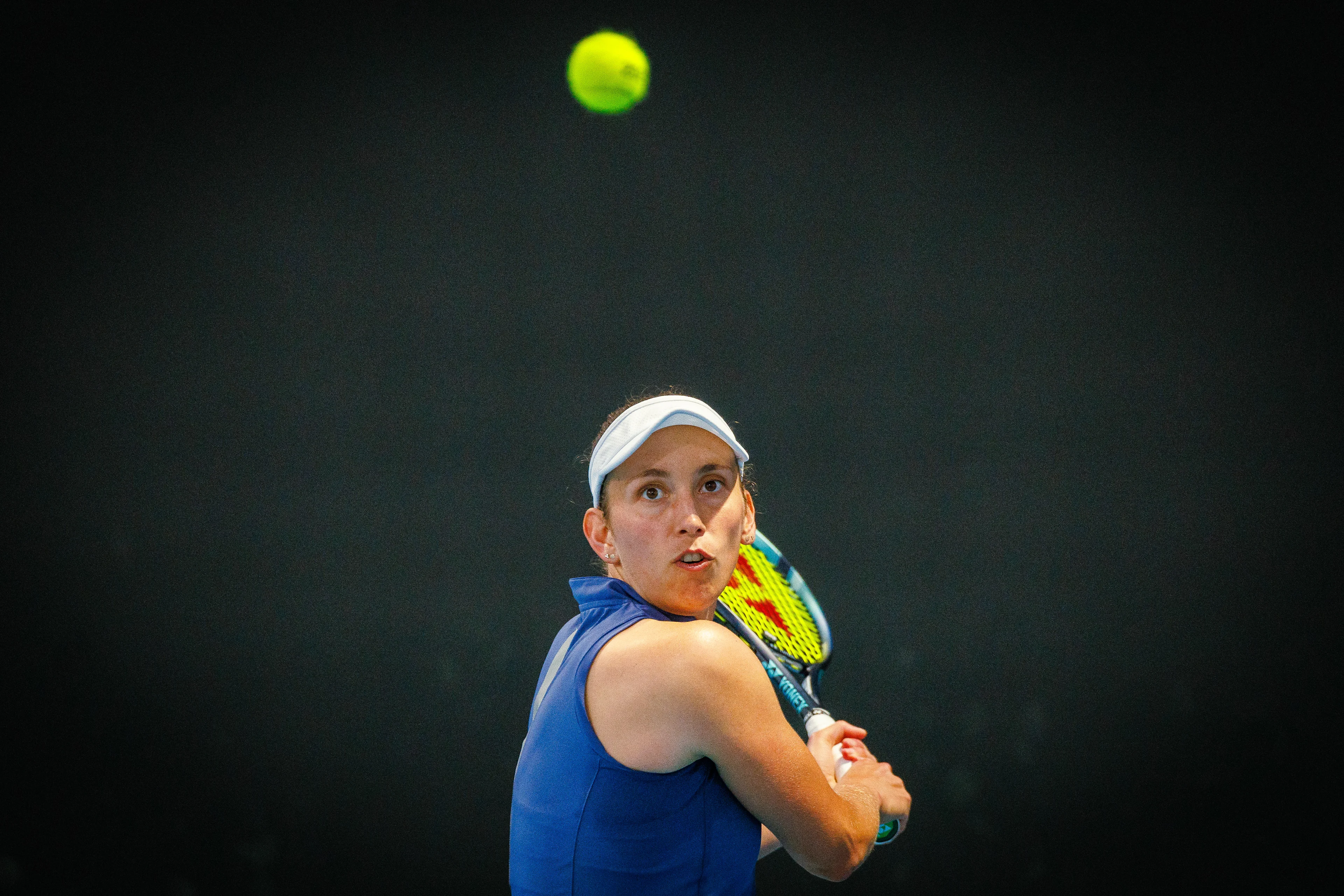 Belgian Elise Mertens pictured in action during a tennis match between Belgian Mertens and Swiss Golubic, in the first round of the women's singles at the 'Australian Open' Grand Slam tennis tournament, Monday 13 January 2025 in Melbourne Park, Melbourne, Australia. The 2025 edition of the Australian Grand Slam takes place from January 12th to January 26th. Mertens won 4-6, 7-6, 6-4. BELGA PHOTO PATRICK HAMILTON