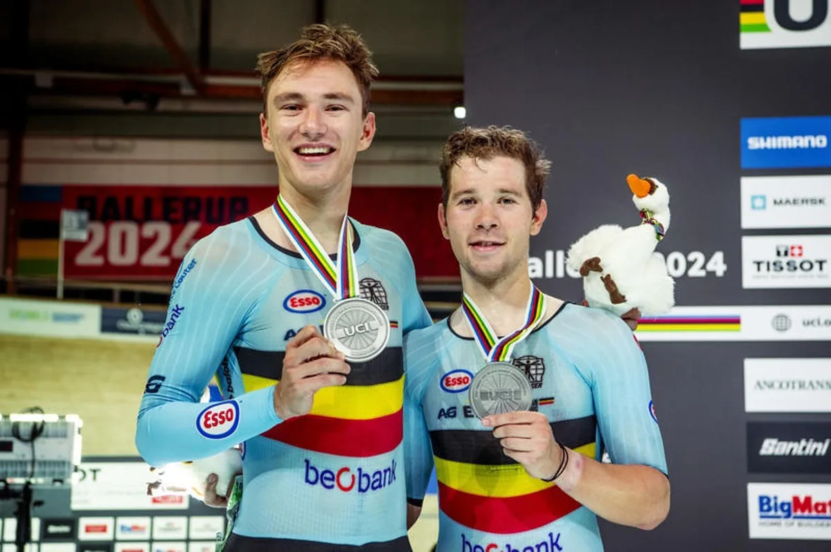 241020 Lindsay de Vylder of Belgium and Fabio van den Bossche of Belgium celebrates after Men's Madison during day 5 of the 2024 UCI Tissot Track Cycling World Championships on October 20, 2024 in Ballerup.  Photo: Christian Örnberg / BILDBYRÅN / COP 166 / CO0482 cykling cycling sykling cykel vm cykel2024 uci tissot track cycling world championships wc 2024 uci tissot track cycling world championships 5 bbeng grappa33 jubel (Photo by CHRISTIAN ÖRNBERG/Bildbyran/Sipa USA) BELGIUM ONLY